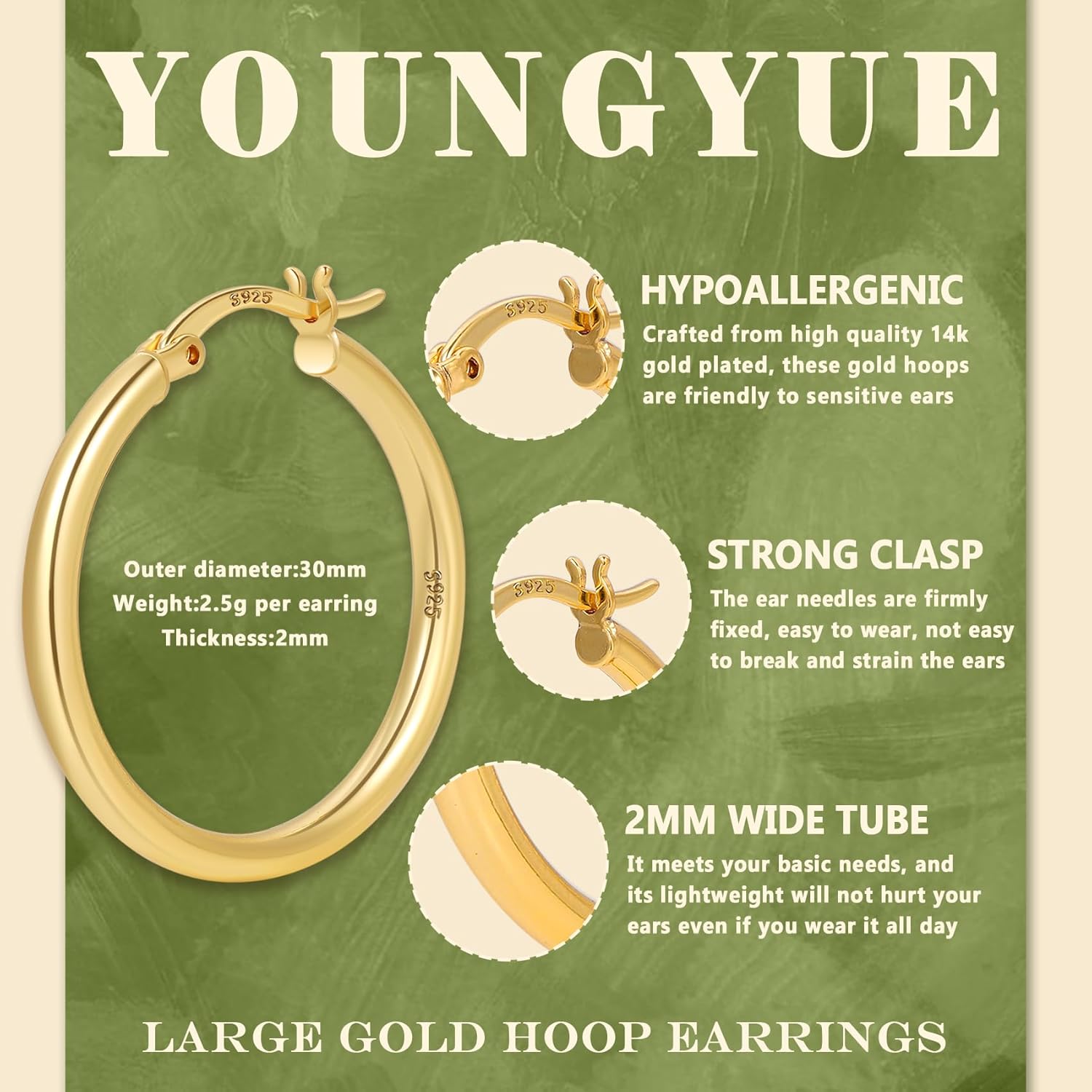 YOUNGYUE 925 Sterling Silver Hoop Earrings for Women Hypoallergenic Oversize 14K Gold Hoops Earrings for Women Thin Gold Plated Hoop earrings Lightweight Large Silver Hoop Earrings 20/30/40/50/60/70mm - Image 2