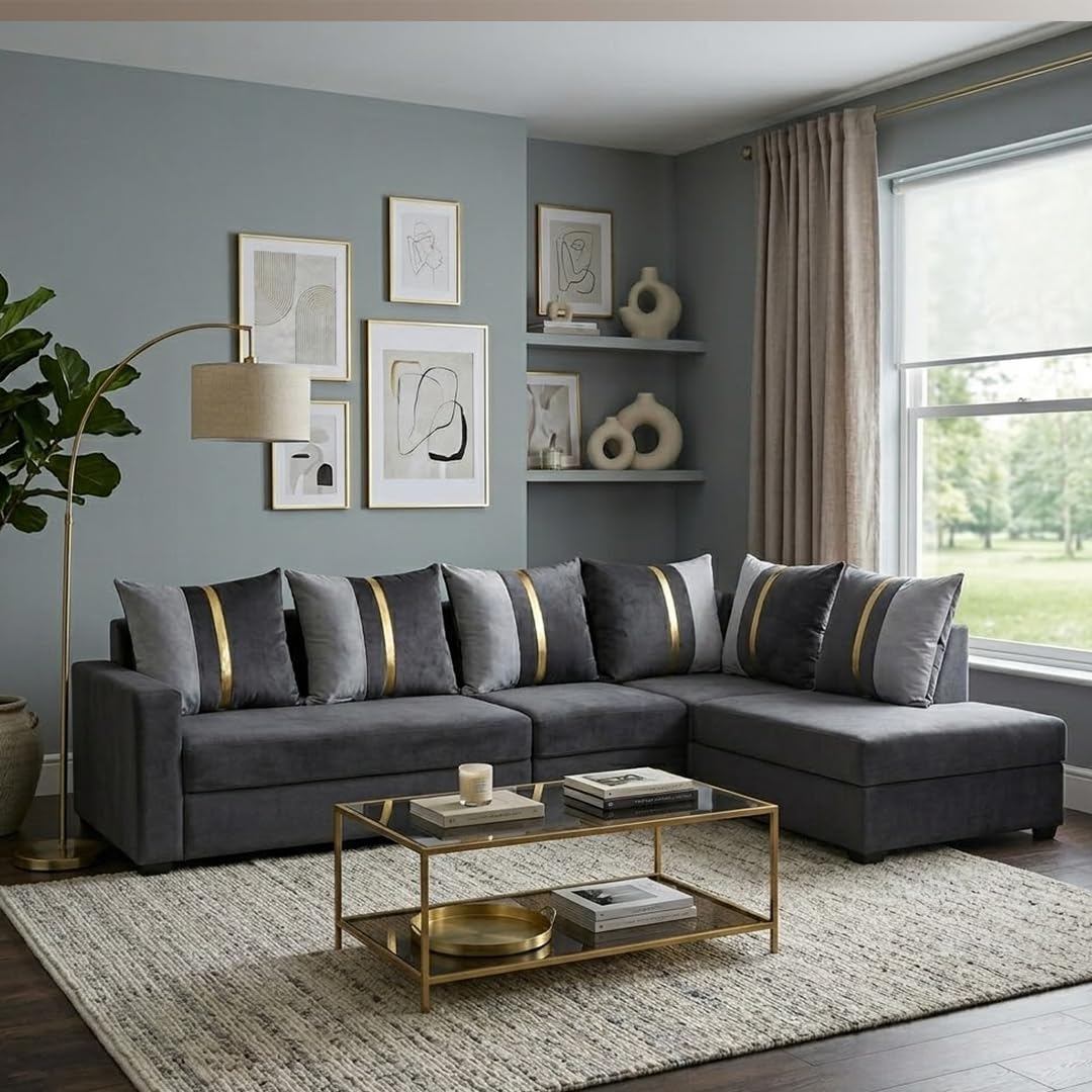 CASASTYLE Gloriza Velvet-Suede Fabric 6 Seater RHS Sofa Set (Dark Gray) | Comfortable & Spacious Seating | Modern Sofa Set for Living Room-image-21