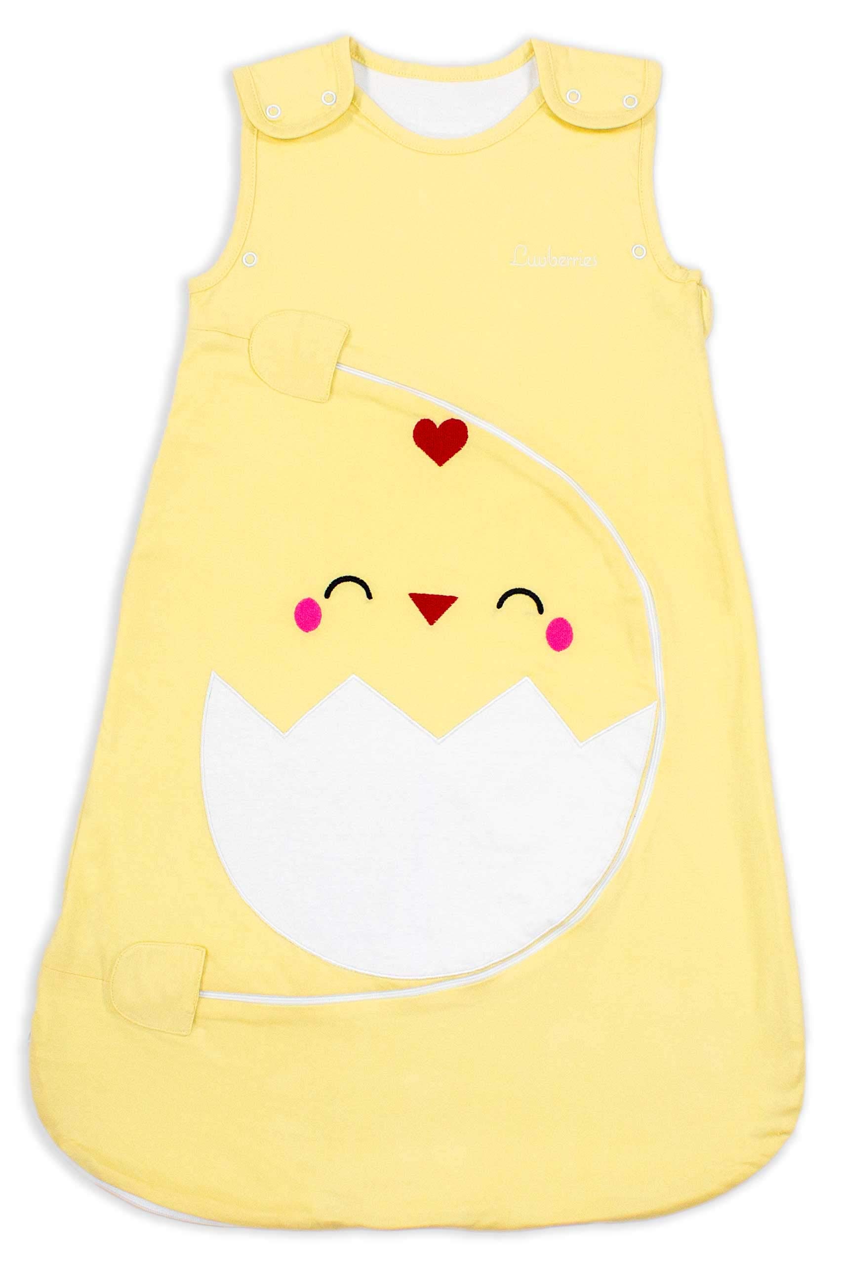 Luvberries - 100% Organic Cotton Baby Sleeping Bag, Unisex Swaddle Transition Sleep Sack with 2-Way Zipper and Nappy Change Zipper, Sleeveless Wearable Blanket, for Boys and Girls (Baby Chick)