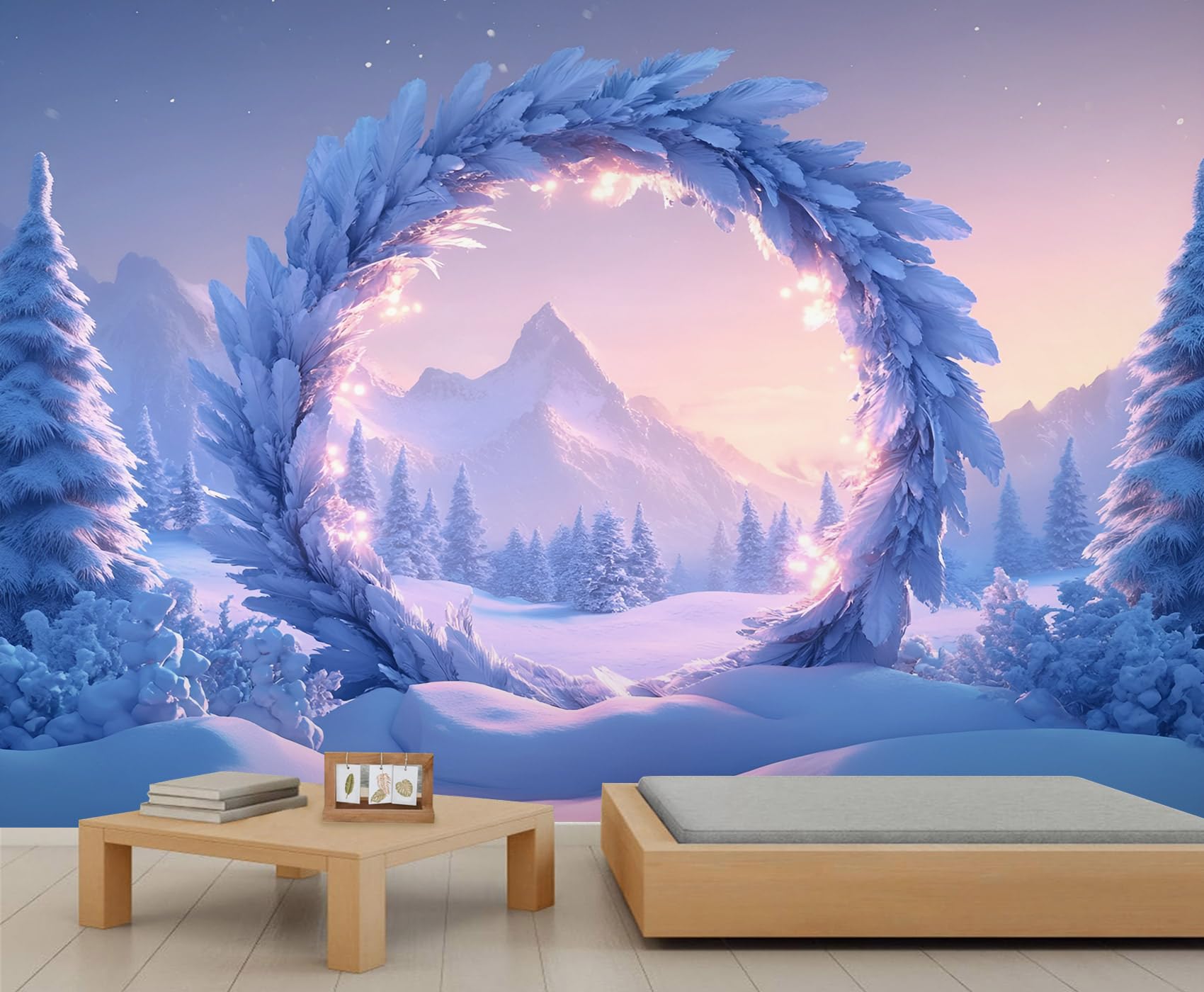 Snow Garland Mural Snow Scene Wallpaper Winter Fairy Tale Wall Mural Oversized Wall Poster Style Playroom Cafe Decor Poster Background Decor (Non-self-Adhesive)