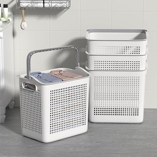 Miniatura 5 de Paquete de 4 cestas de plástico para ropa sucia, cesta de almacenamiento de ropa sucia con asa, color blanco