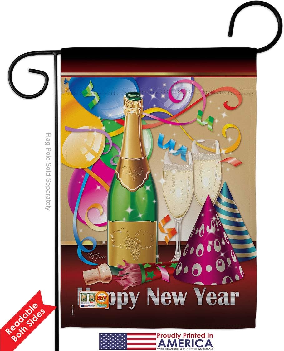 Happy New Year Garden Flag Set Wall Holder Clock Countdown Champagne Party Fireworks Celebrate Small Decorative Gift Yard House Banner Double-Sided Made In USA 13 X 18.5