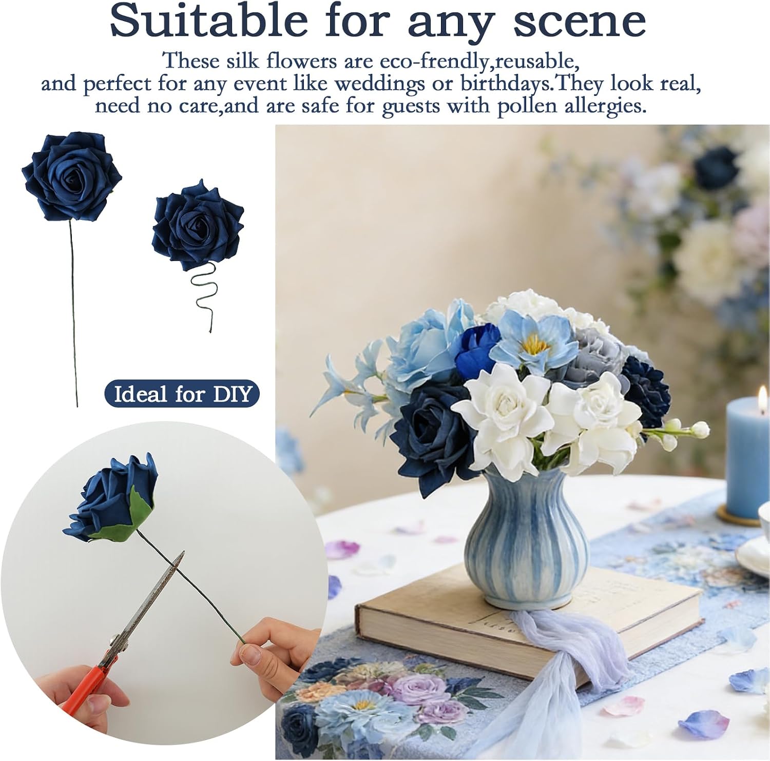 Artificial Flowers Combo, Fake Flowers for DIY Tables Centerpieces Baby Shower Bridal Shower Wedding Bouquet Arrangements Party Candle Holder Cake Decor Flower Home Decorations