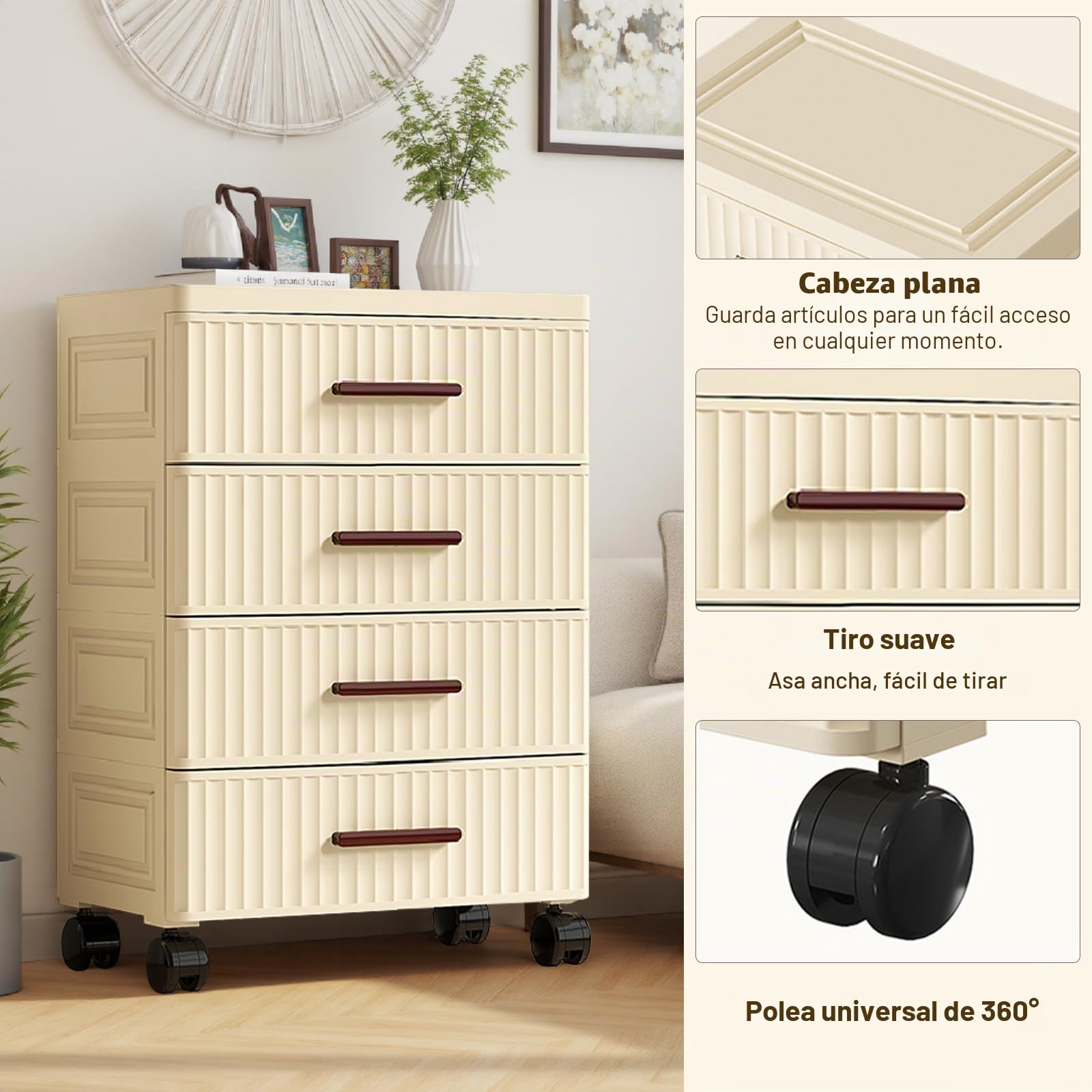 Cajonera de plástico con ruedas, 4 niveles, armario de cajones móvil, para dormitorio, para salón, oficina, hogar, 48 x 30 x 69,5 cm