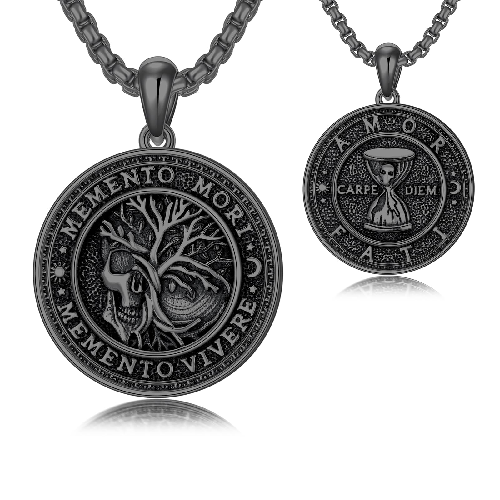 Memento Mori Halskette für Herren 925 Sterlingsilber Memento Mori Anhänger Lebensbaum Totenkopf Schutz Schmuck Geschenke 56 cm + 5,1 cm Kette