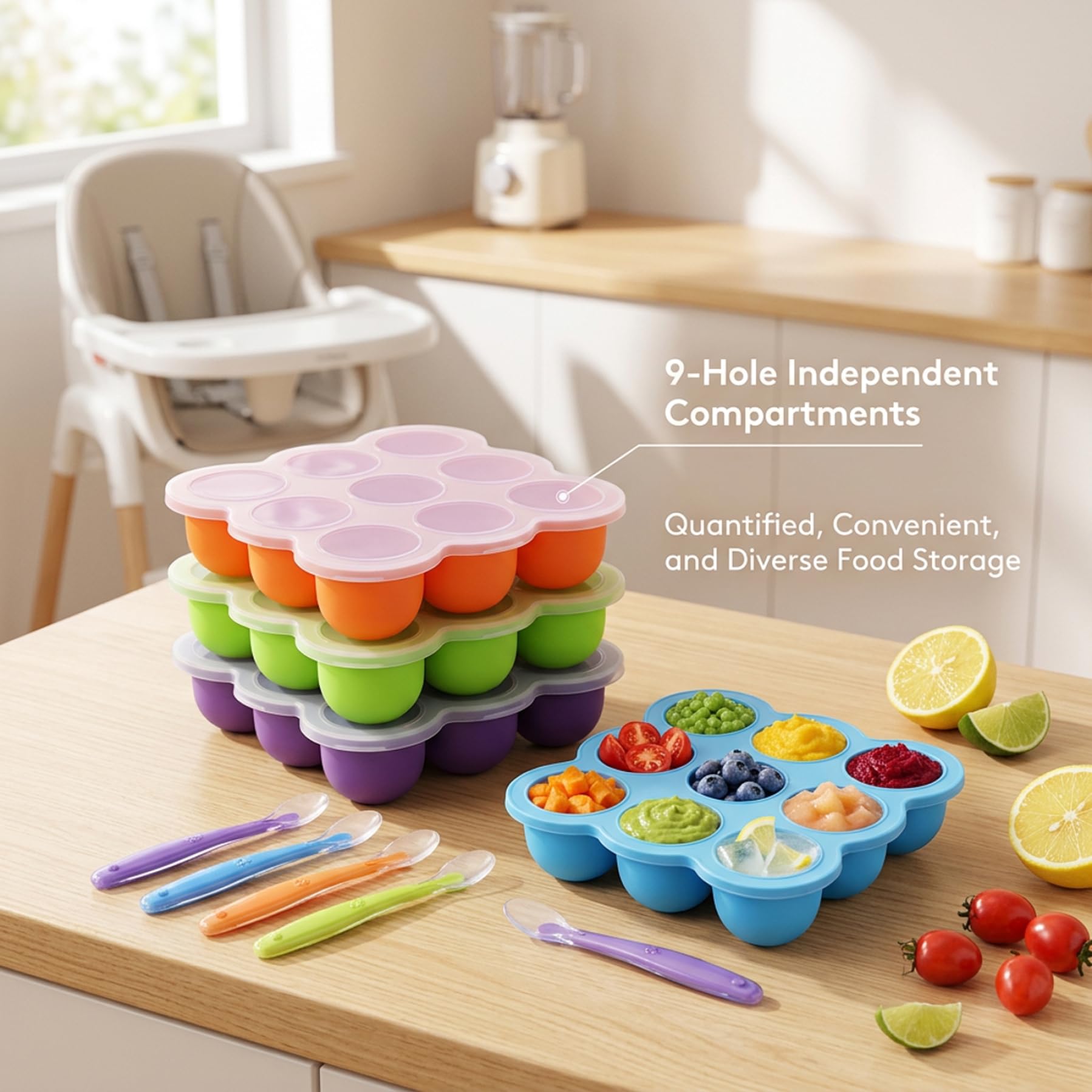 Vassoio congelatore per alimenti per bambini, confezione da 4 vassoi congelatore in silicone per alimenti per bambini con coperchi, stampo flessibile per cubetti di ghiaccio a 9 celle per purea, sn