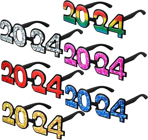 6 gafas de Año Nuevo 2024, gafas de Nochevieja, gafas divertidas con purpurina para niños y adultos