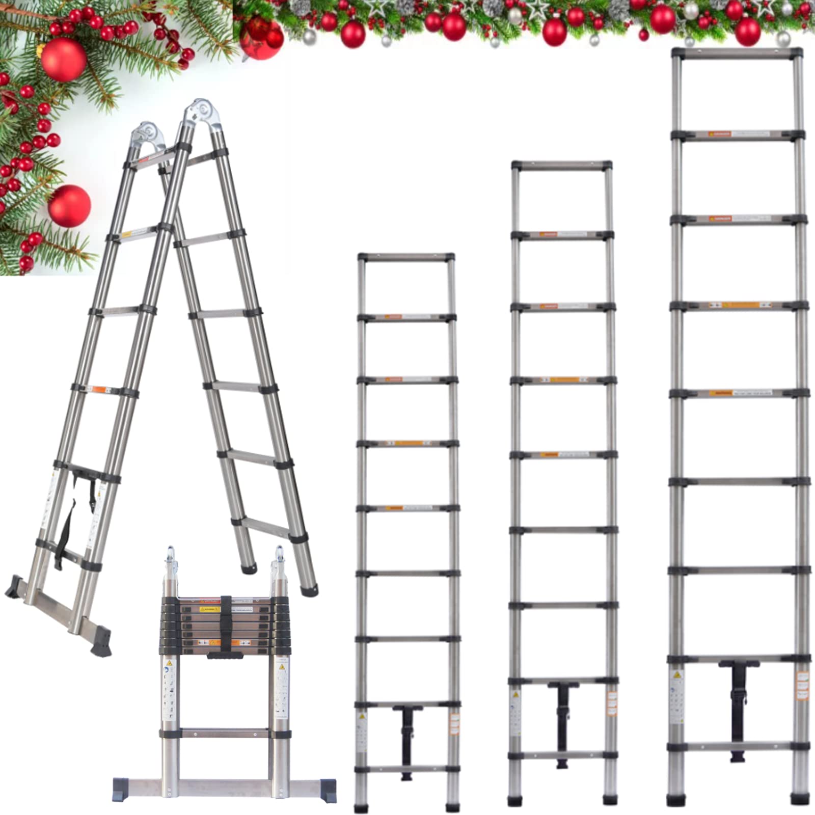 5M A-Frame Telescoping Extendable Ladder - Heavy Duty Stainless Steel Multi Purpose Loft Garden Roof Stair Ladder, Retractable Ladder for Decorating, Painting, EN131 Certification — image 1