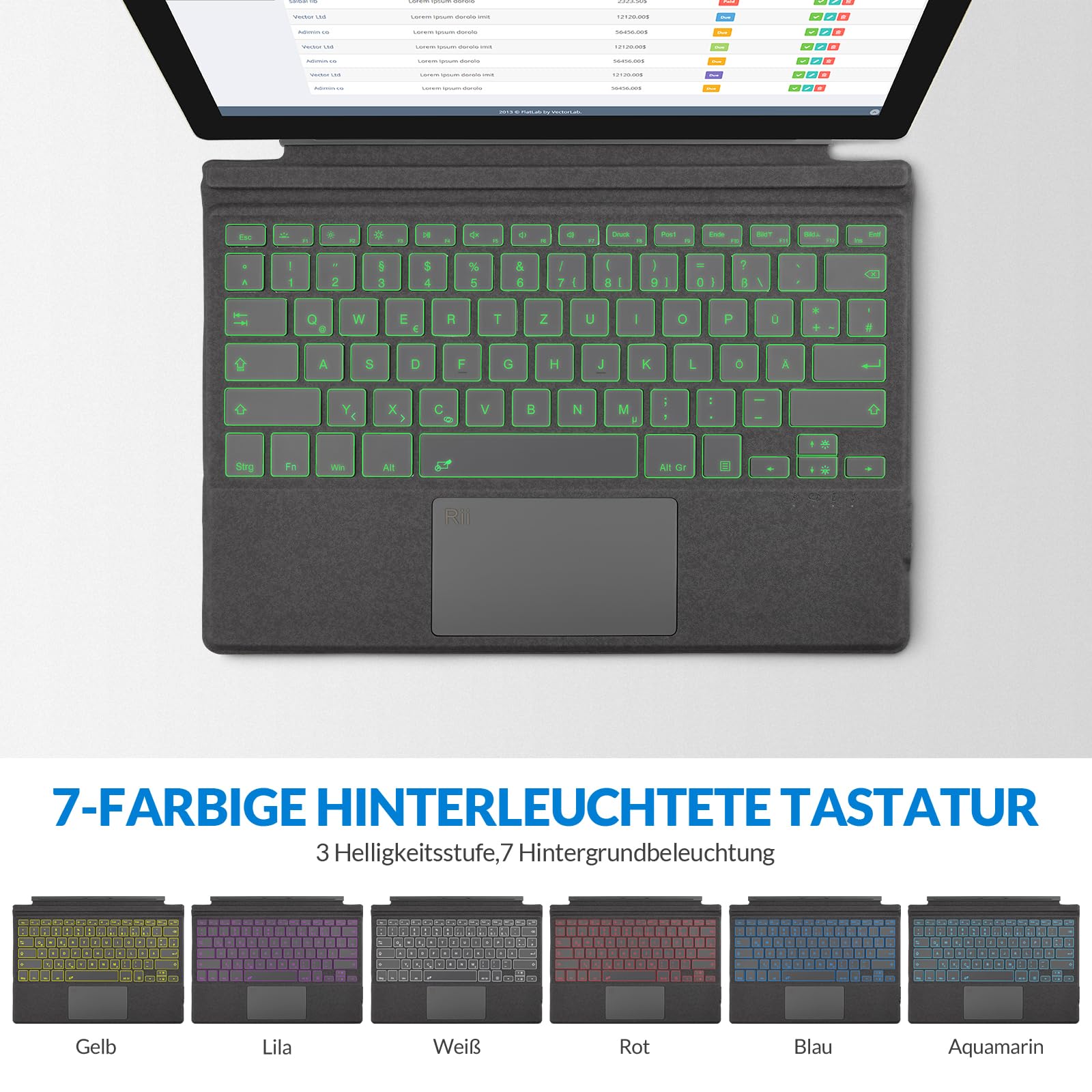 Rii Surface Tastatur für Surface Pro 7 Plus/7/6/5/4/3, Bluetooth 5.2 Mit Touchpad und 7-Farbiger Hintergrundbeleuchtung - Grau (QWERTZ, Deutsches Layout)