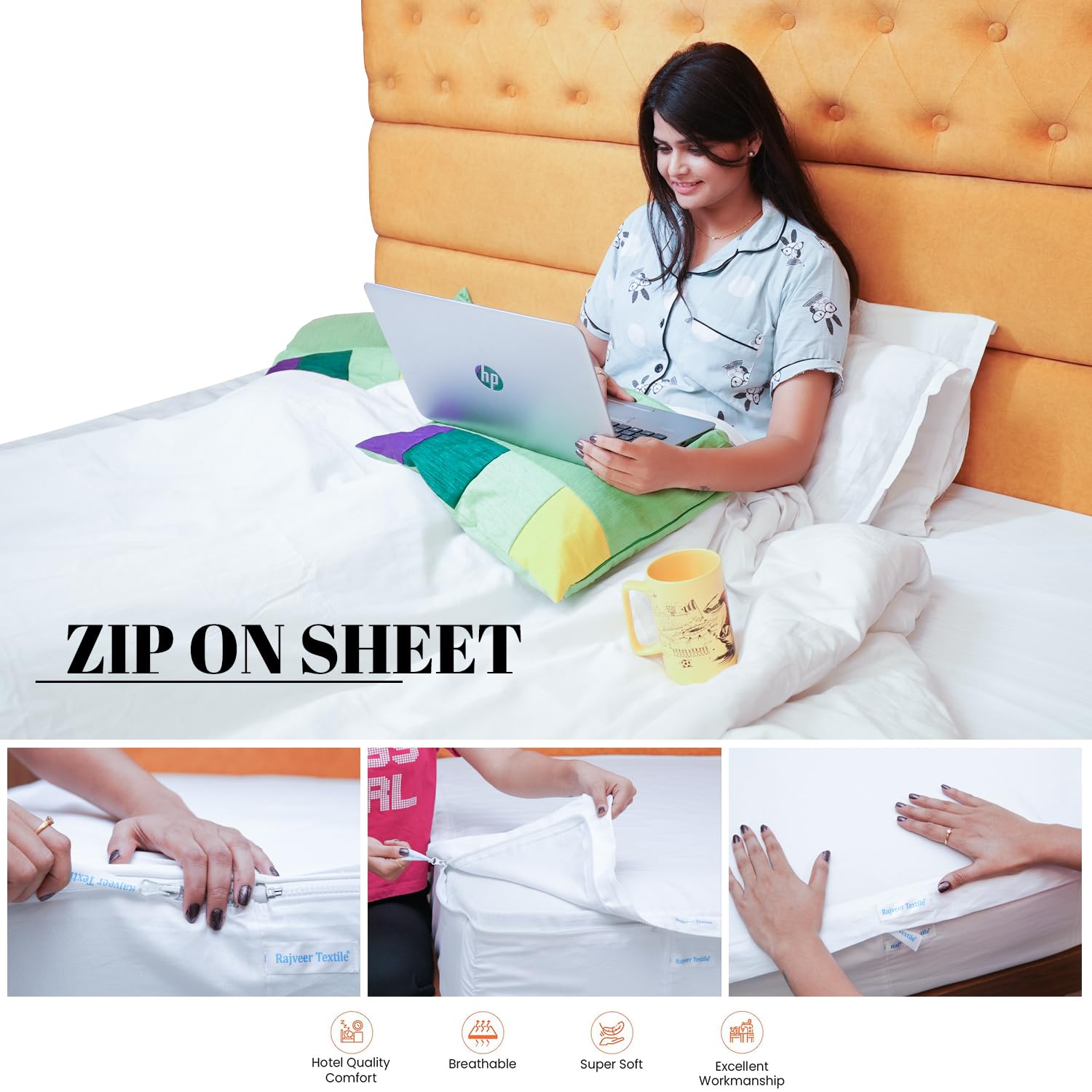 Zipper Fitted Sheet Set – 1 Base & 2 Zip-On Sheets, 600 TC Sateen Cotton, 15" Deep Pocket, King Size (Light Grey)