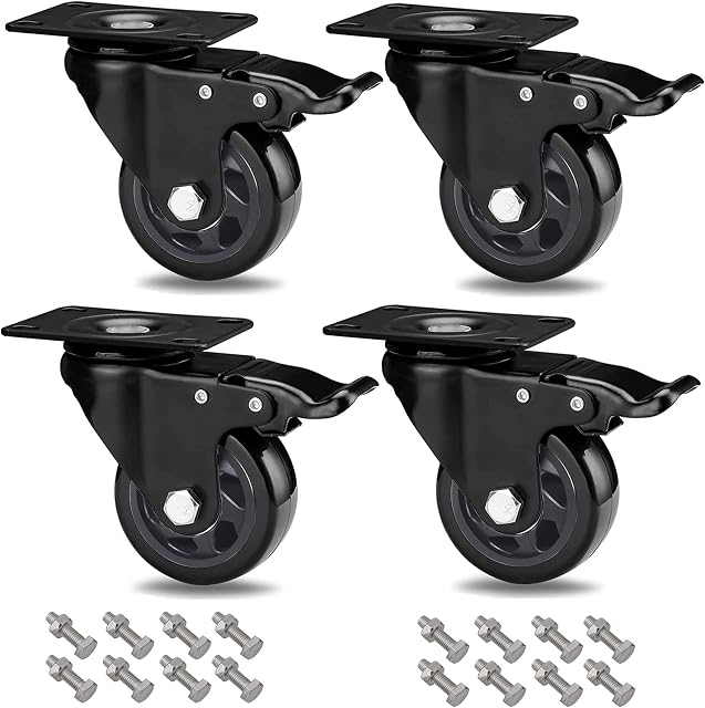 RRIUTO 75MM Heavy Duty Caster Wheels, Furniture Caster Bearing 500KG Swivel Castors Wheels for Furniture Rubber Swivel Trolley Castor with Brake (include 16pcs screws)