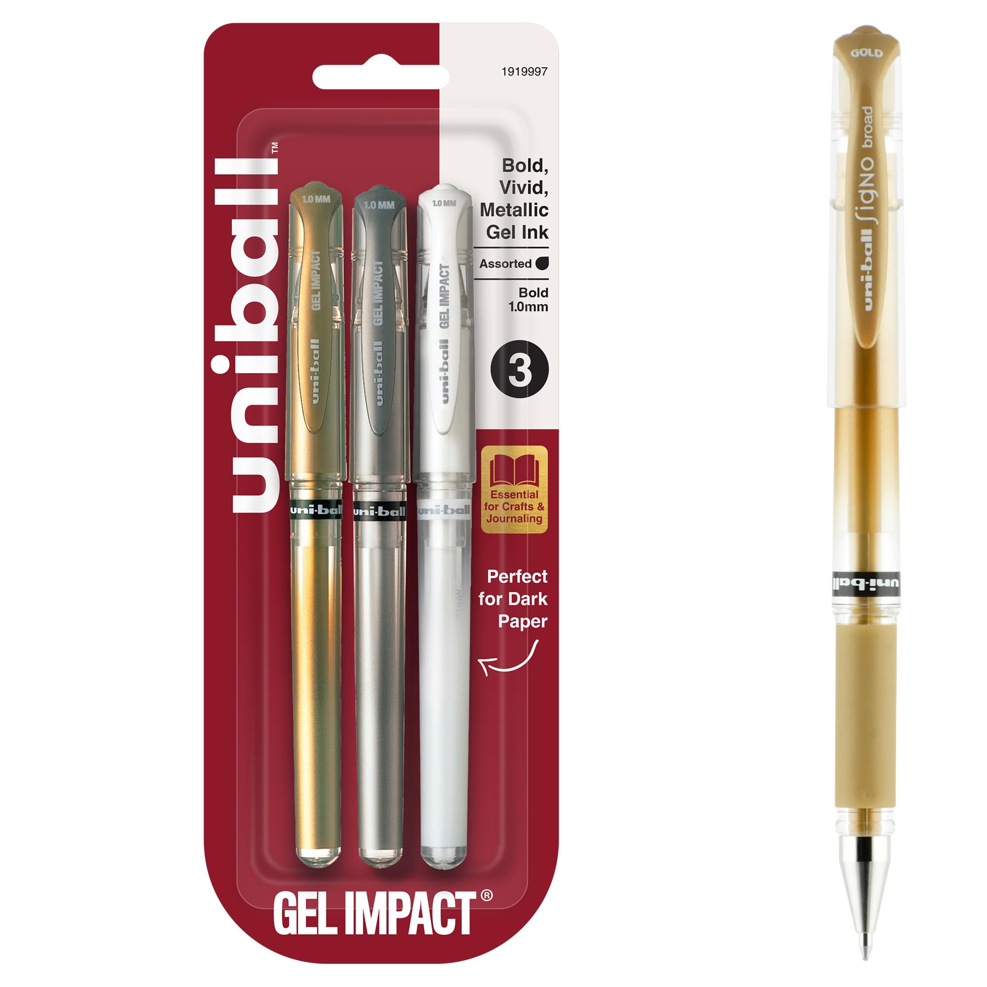 uniball Signo Gel Impact Pens, Bold Point (1.0mm), Assorted Metallic, 3 Pack