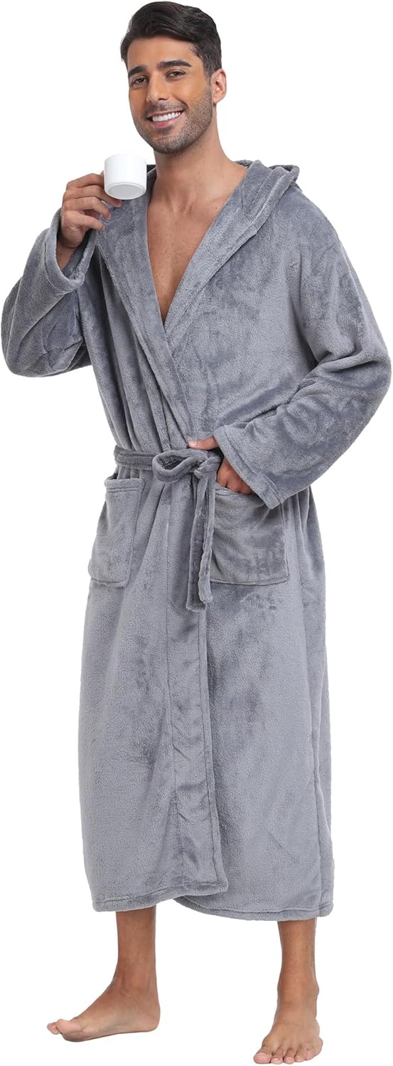 Men's Plush Hooded Bathrobe Winter Warm Fleece Robes Soft Flannel Long Robes with Pockets, Full Length - Image 5