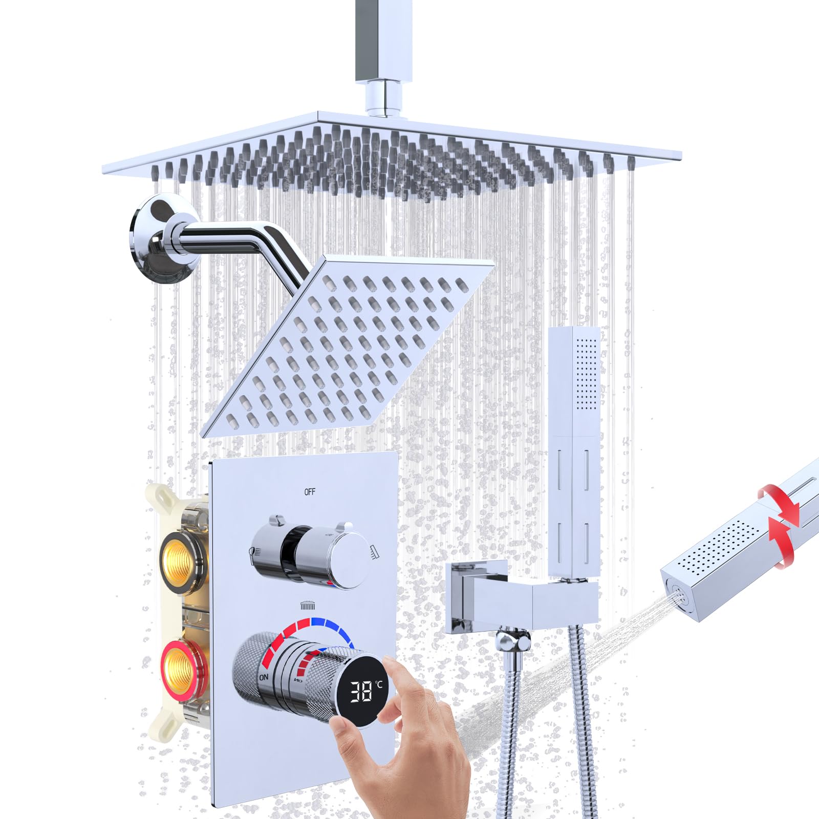 Chrome Concealed Thermostatic Shower Mixer with Digital Display, 10 Inch & 6 Inch Dual Rainfall Shower Head Set, 3 Way Valve System