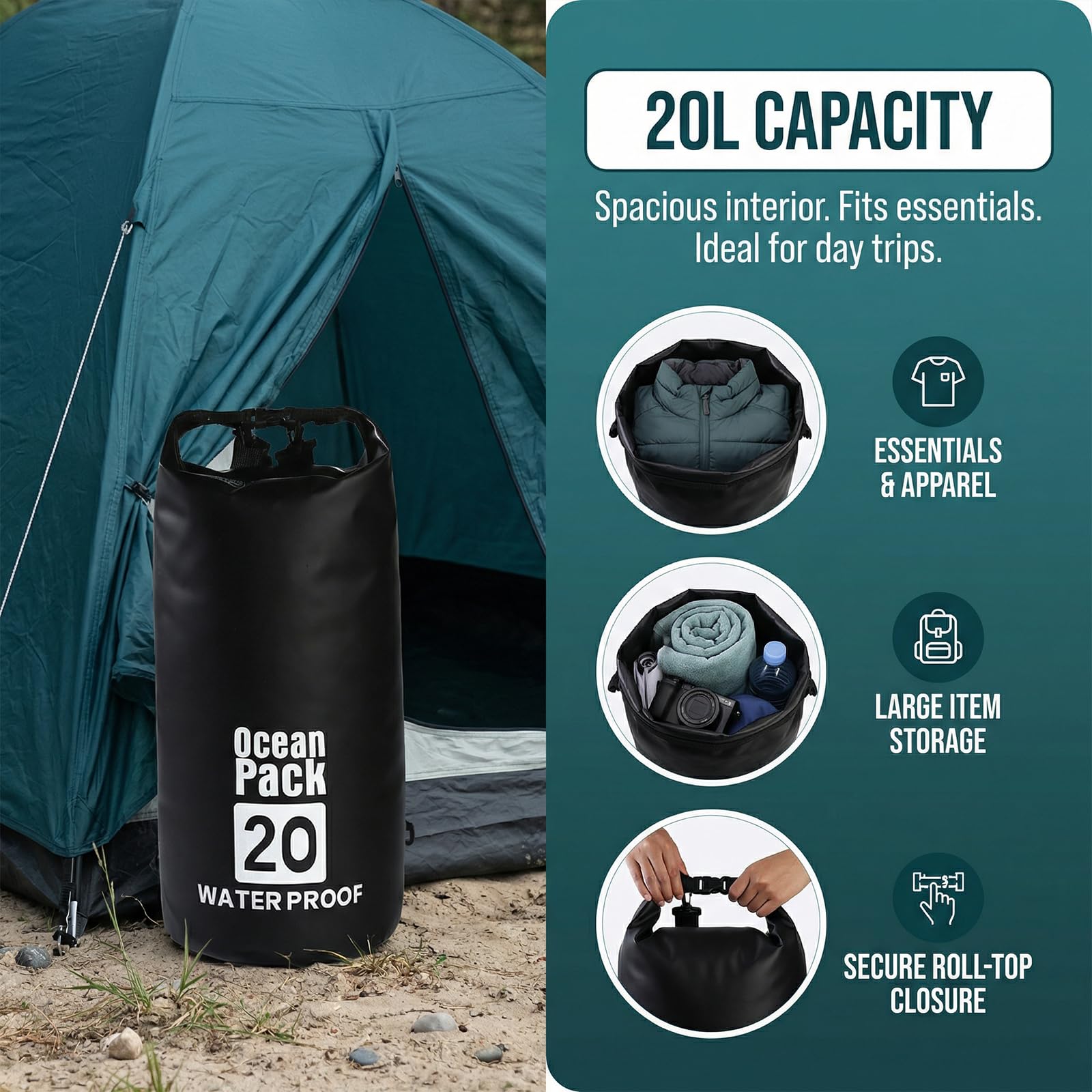 Nivofu Zaino Impermeabile 20 Litri, Borsa Stagna Roll Top con Tracolla Regolabile, Dry Bag per Moto, Mare, Sport Acquatici, Kayak, Campeggio, Nero