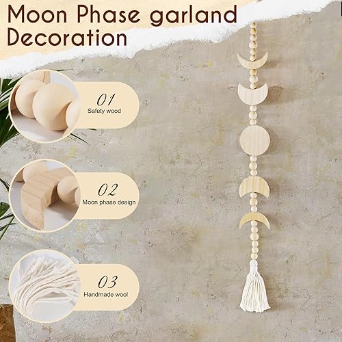 Miniatura 9 de Ausicfen Fase lunar colgante de madera con borla fases de la luna decoración bohemia para el hogar sala de estar dormitorio oficina beige
