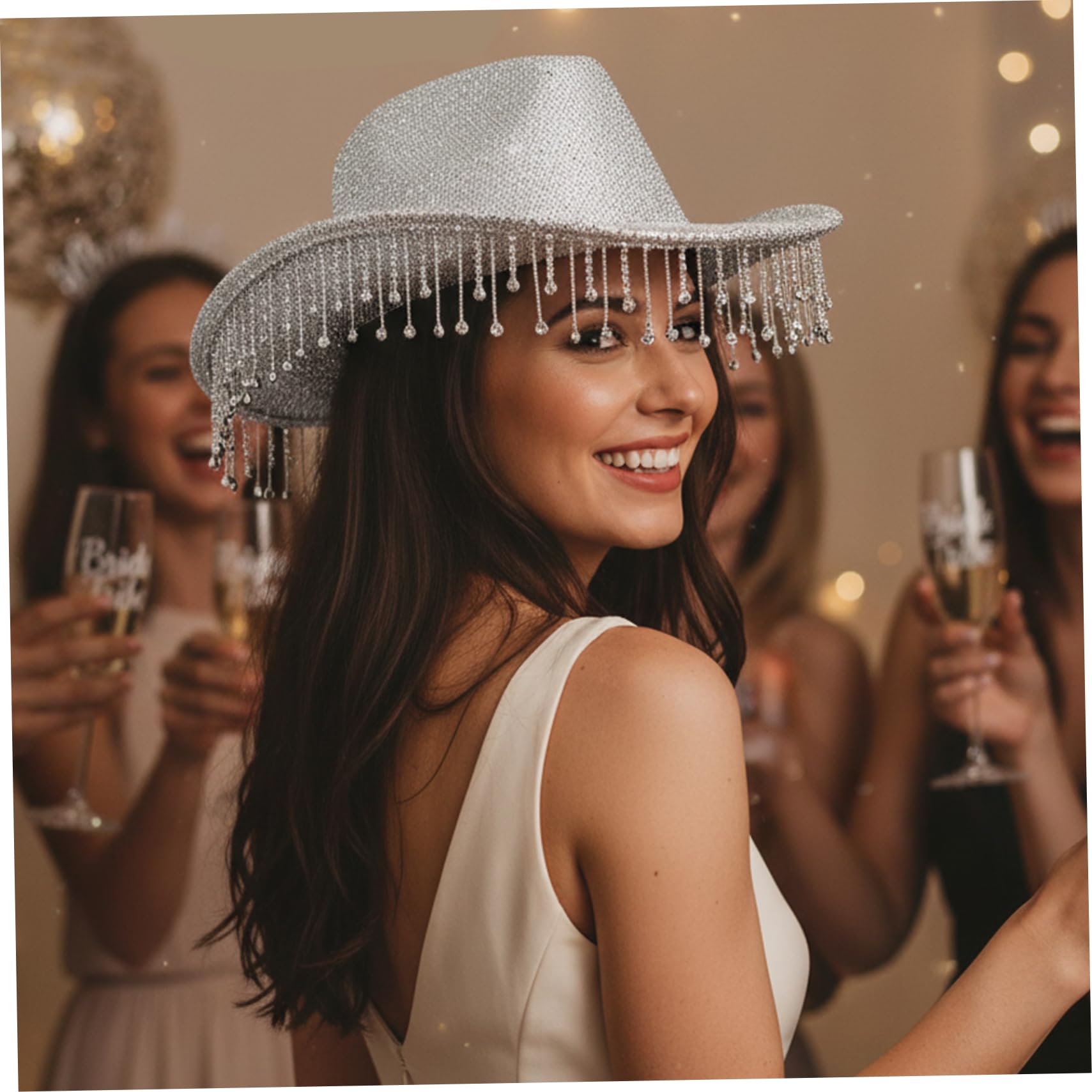 Sombrero de Vaquera con Diamantes de Imitación Sombrero de Vaquero Ajustable con Purpurina Plateada con Purpurina y Borlas Ideal para Mujer Gorra Occidental Liviana Ideal para Eventos al Aire Libre