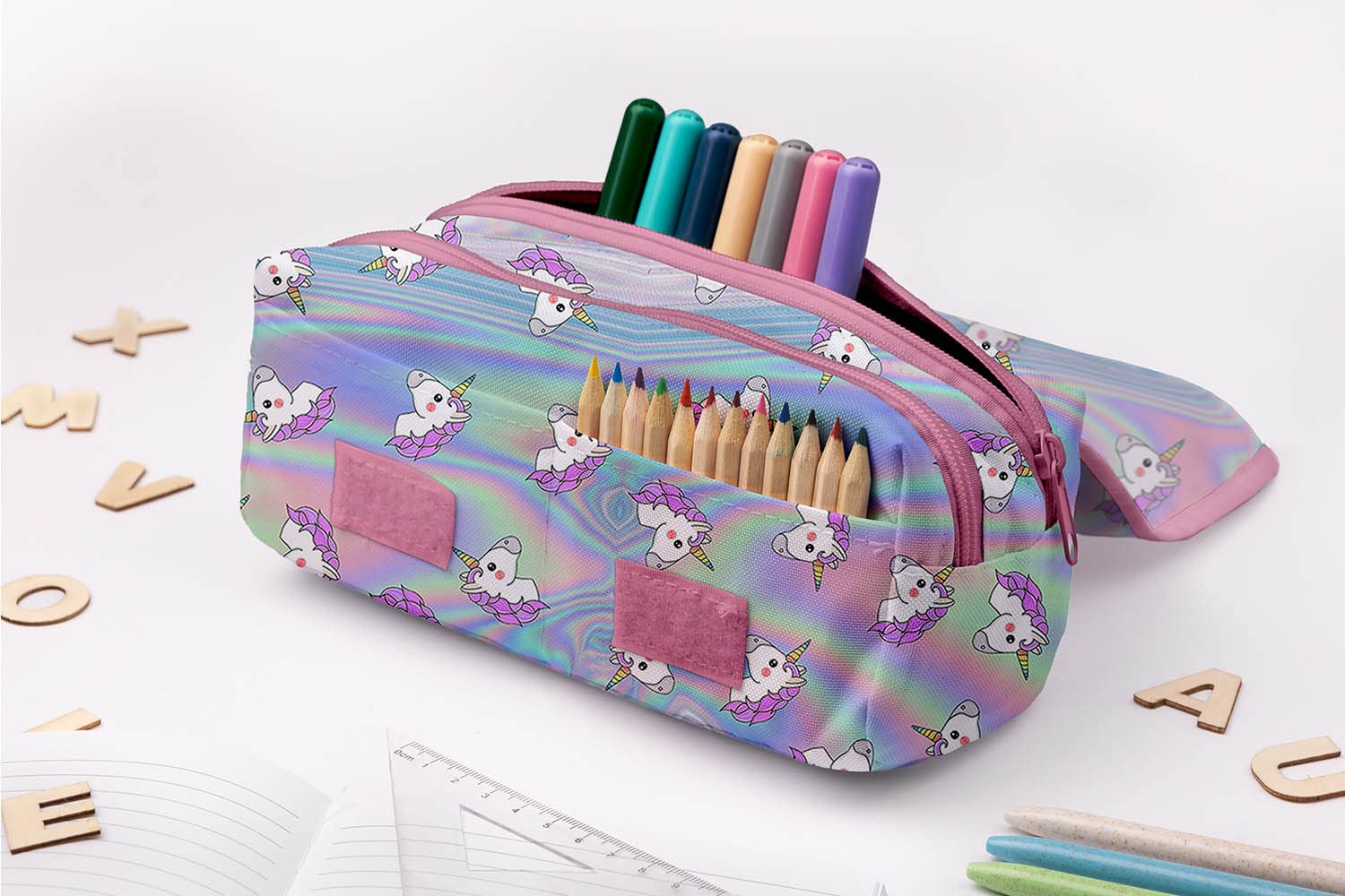 Personnalisé Trousse scolaire pour les Filles 2 compartiments avec Rabat et Nom Sac a Crayon Trousse de toilette Trousse Plumier Organisateur Holo Unicorn [151]