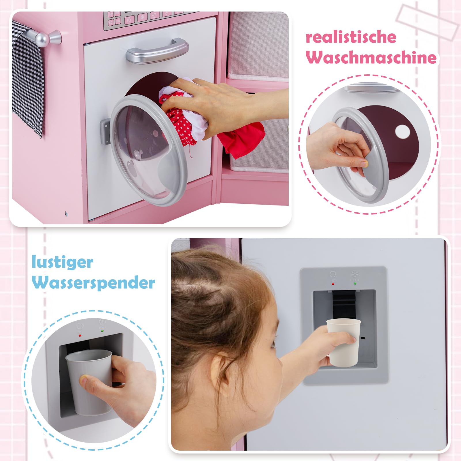 DREAMADE Kinderküche Holz mit 16 TLG. Zubehör, Kinder Spielzeugküche Eckküche mit Herd Spüle Mikrowelle Dunstabzugshaube, Spielküche mit Licht und Sound für Kinder ab 3 Jahren Grau (Rosa)