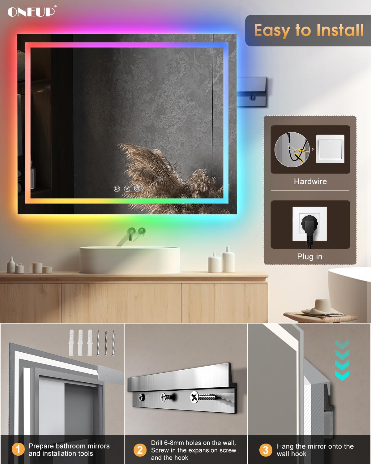 48x40 Inch LED Bathroom Mirror,RGB Color Changing Bathroom Mirror with ...