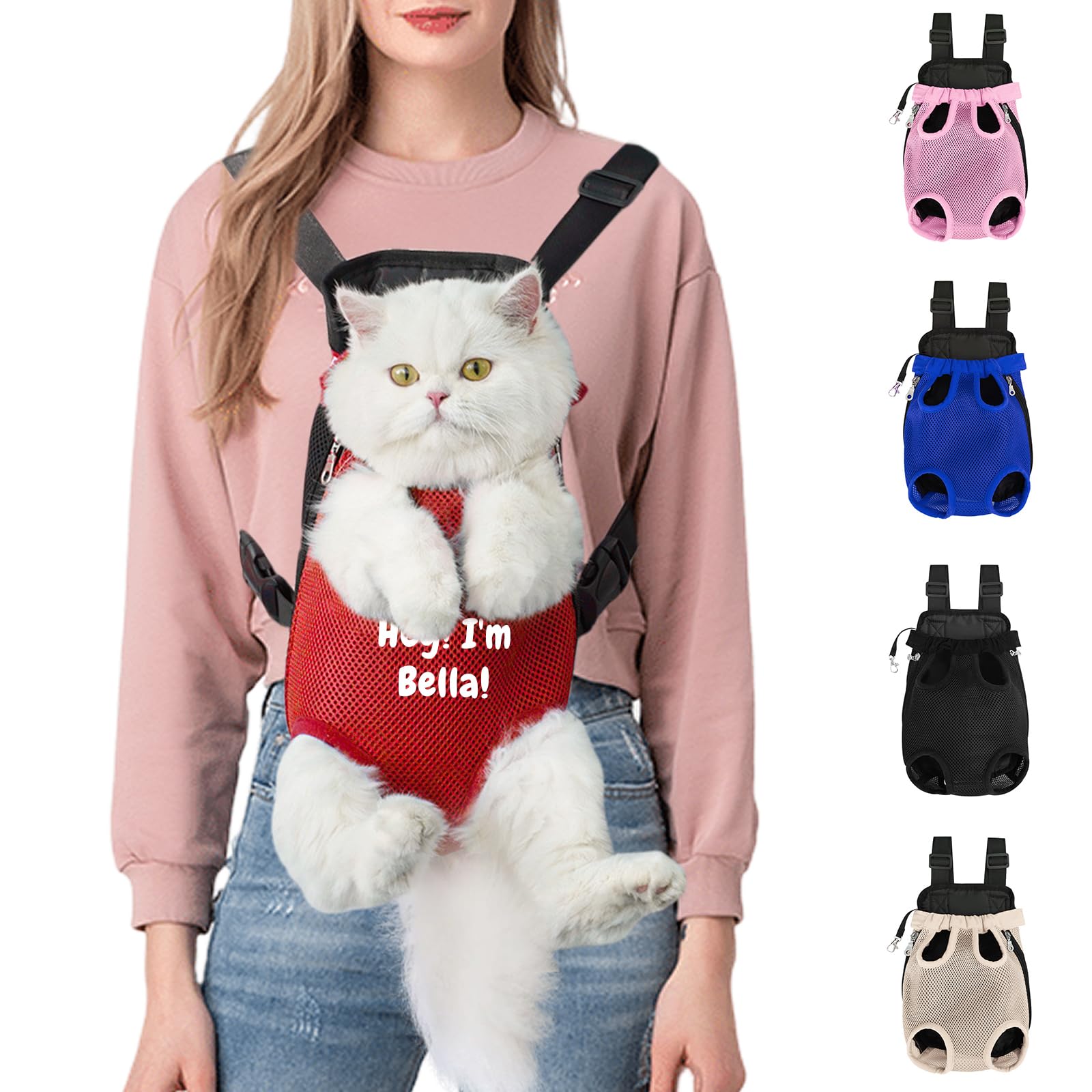 Personalized Dog Carrier Backpack with Name Embroidery, Adjustable Front-Facing Legs-Out Design, Custom Dog Carrier Bag with Breathable Tail Hole & Chest Support for Small/Medium Dogs (Red, XL)