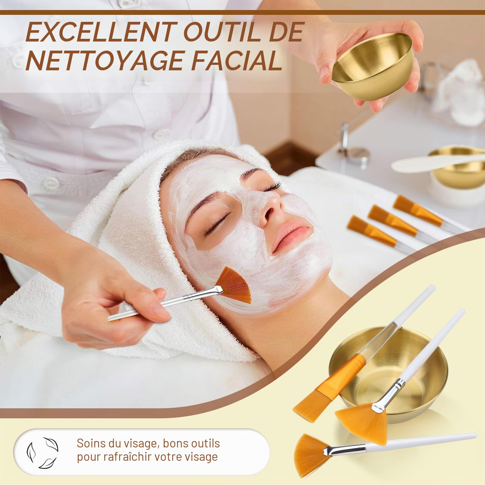 Lot de 18 bols et brosses en acier inoxydable, 12 pinceaux plats et éventails pour soins de la peau pour le visage avec 6 bols mélangeurs, outil applicateur cosmétique pour le visage, fournitures