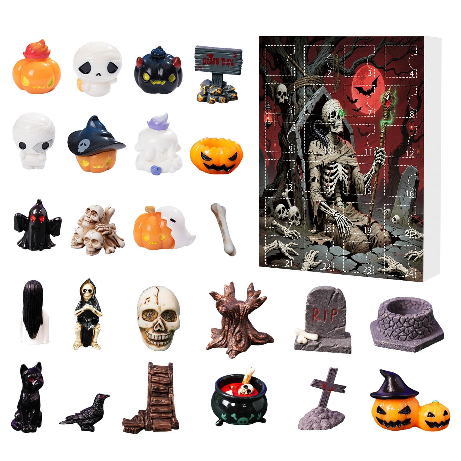 2025 Halloween Arrival Calendar 3D Non Flat Halloween Countdown Calendar Includes 24 Statues Hyf888 (White, 18X26CM)