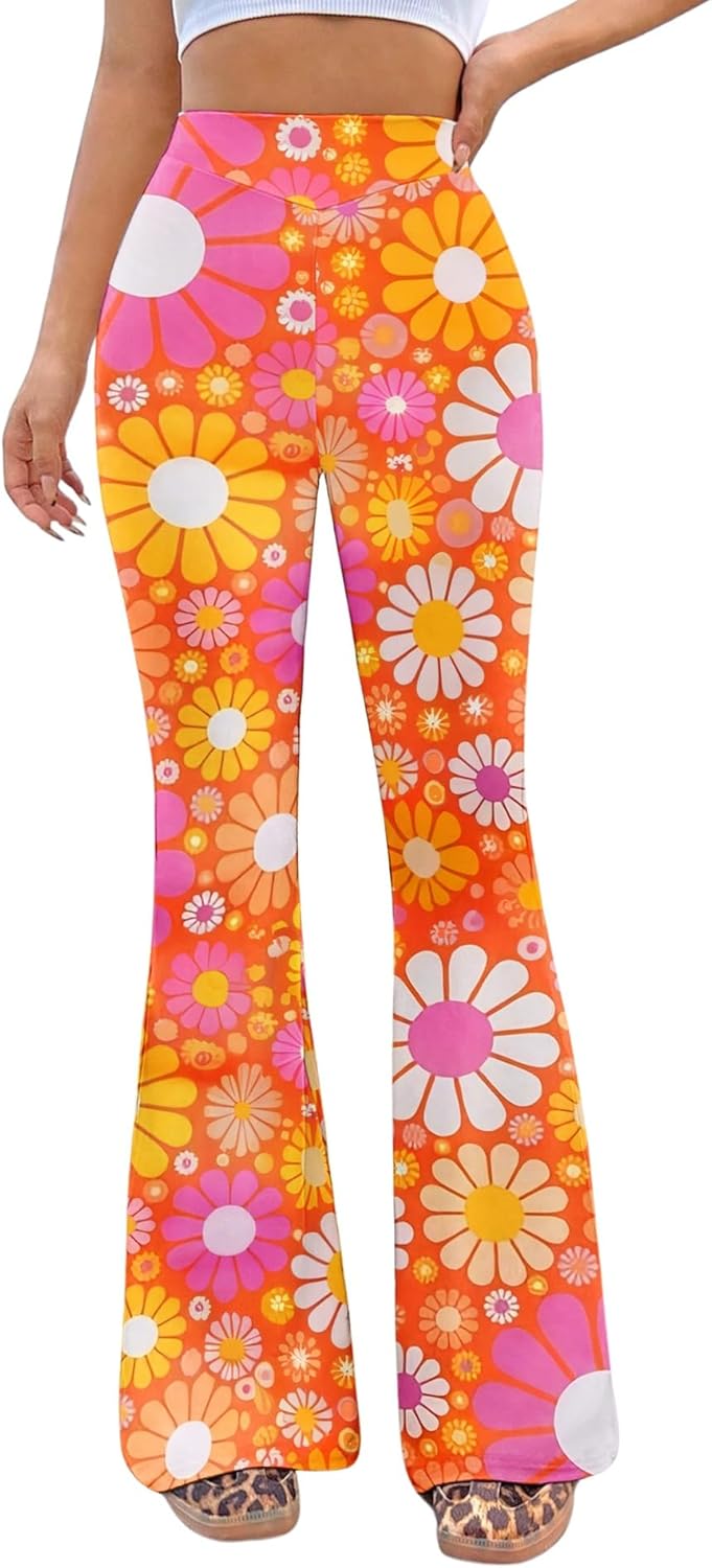 70s Flare Pants for Women - EDC Rave Festival Outfit High Waist Bell Bottom Boho Cute Groovy Disco Trousers