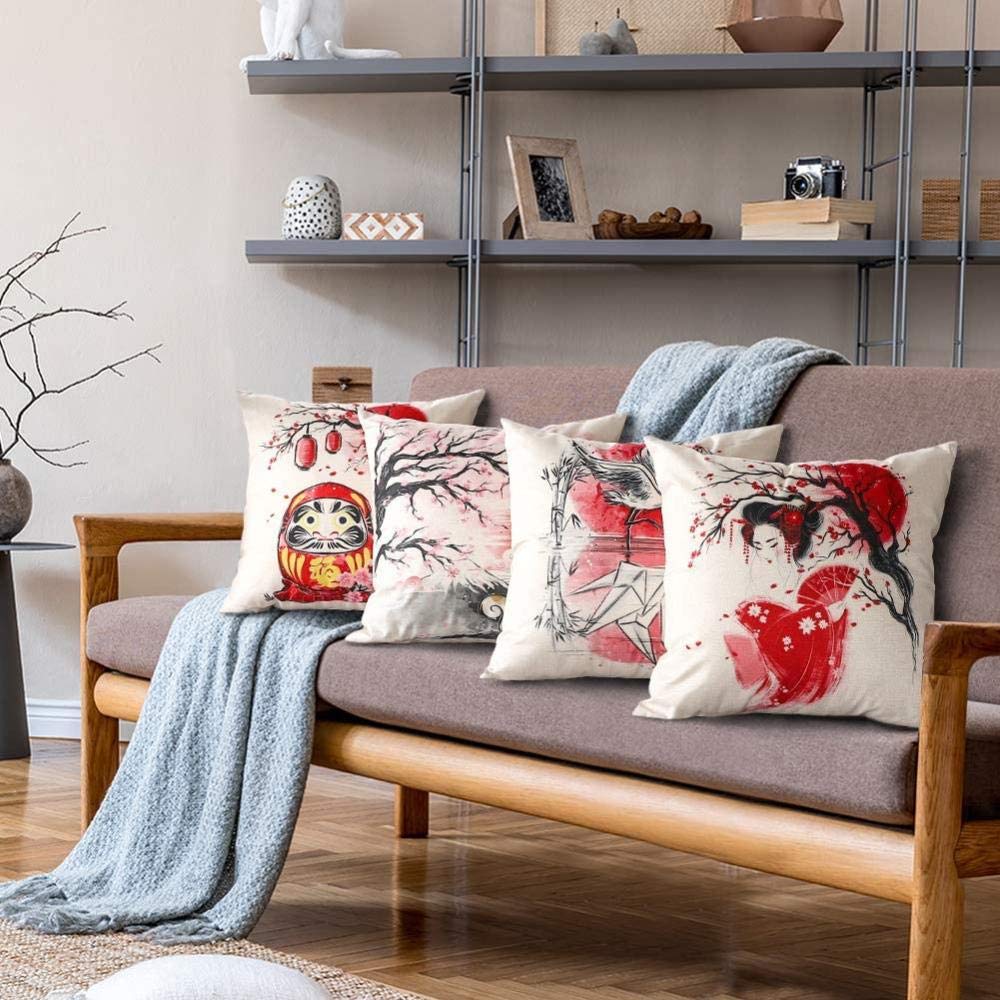 Chenso Set 4 Fodere Cuscini 45x45 Cm In Cotone E Lino - Stile Giapponese, Per Divano E Auto (Solo Fodere)