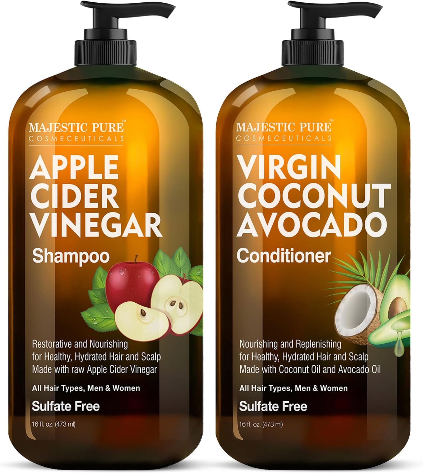 MAJESTIC PURE Apple Cider Vinegar Shampoo and Avocado Coconut Conditioner Set - Restores Shine & Reduces Itchy Scalp, Dandruff & Frizz - Sulfate Free, for All Hair Types, Men and Women - 2 x 16 fl oz