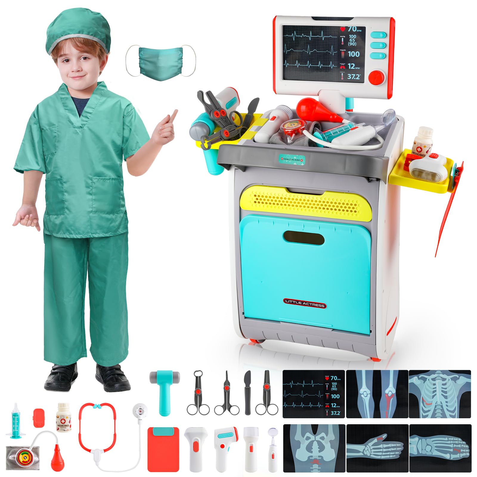 LOYO Doctor Kit for Kids, Kids Doctors Play Set for Toddler, Medical Trolly Cart for Kids with Doctor Costume for Boys Girls Toy Gift for 3 4 5 6 Year Old Birthday Christmas (Blue with Costume)