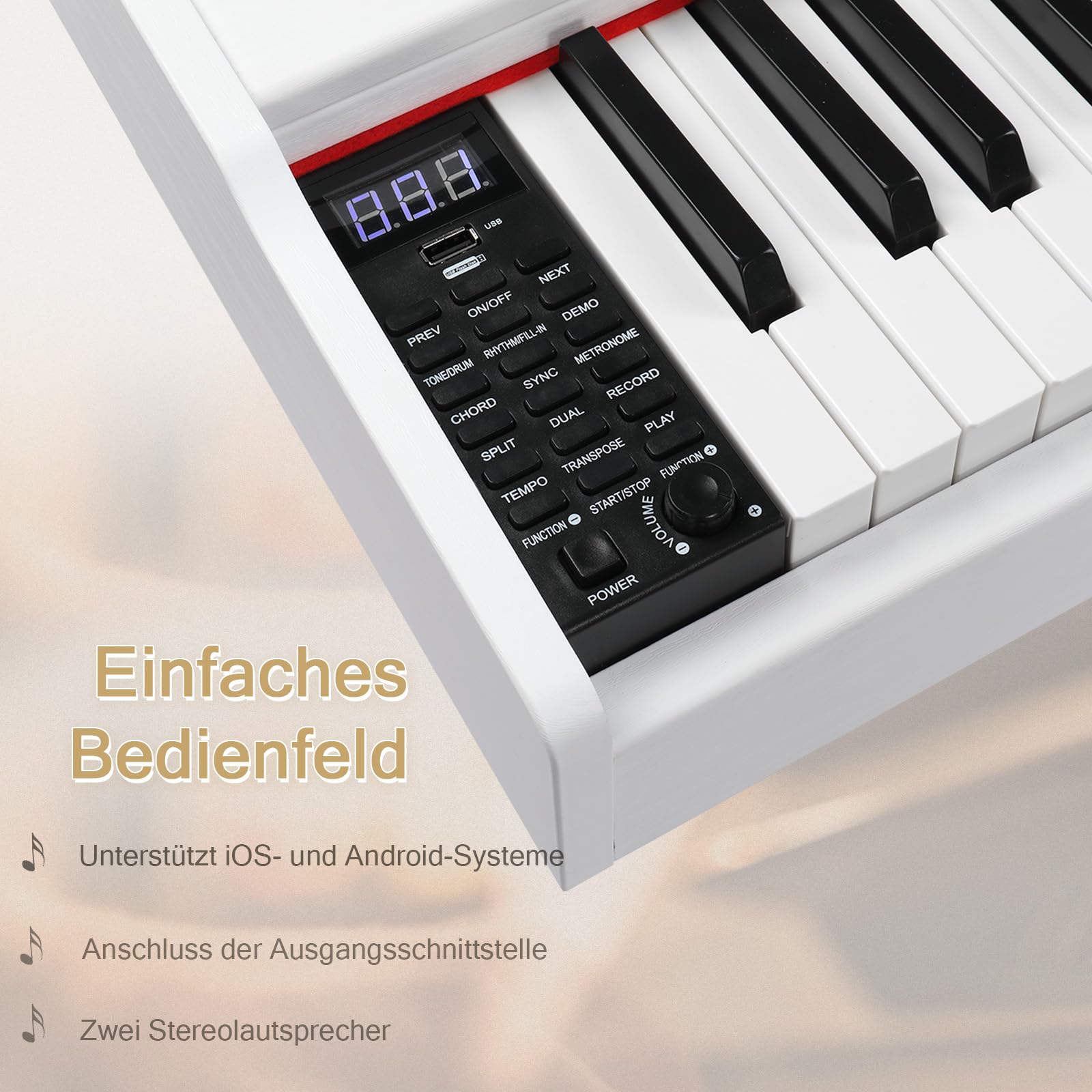 LEADZM Pianoforte Digitale a 88 Tasti con Supporto, Tastiera Completamente Pesata, Pianoforte Elettrico con MIDI USB, Altoparlanti Stereo, Sistema a 3 Pedali (Bianco)