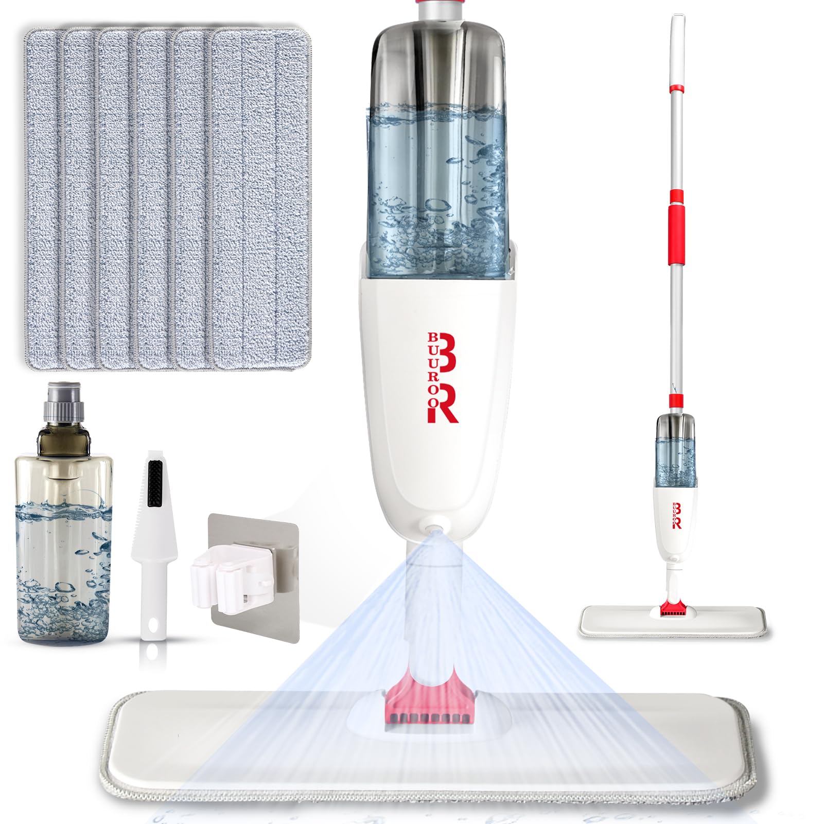 Hardwood Floor Mop Microfiber Spray Mop for Home Kitchen Commercial Use Hardwood Laminate Tiles Floors Wet Dry Cleaning Mop with 6 Washable Reusable Pads a 500ML Bottle 1 Scraper 1 Mop Holder