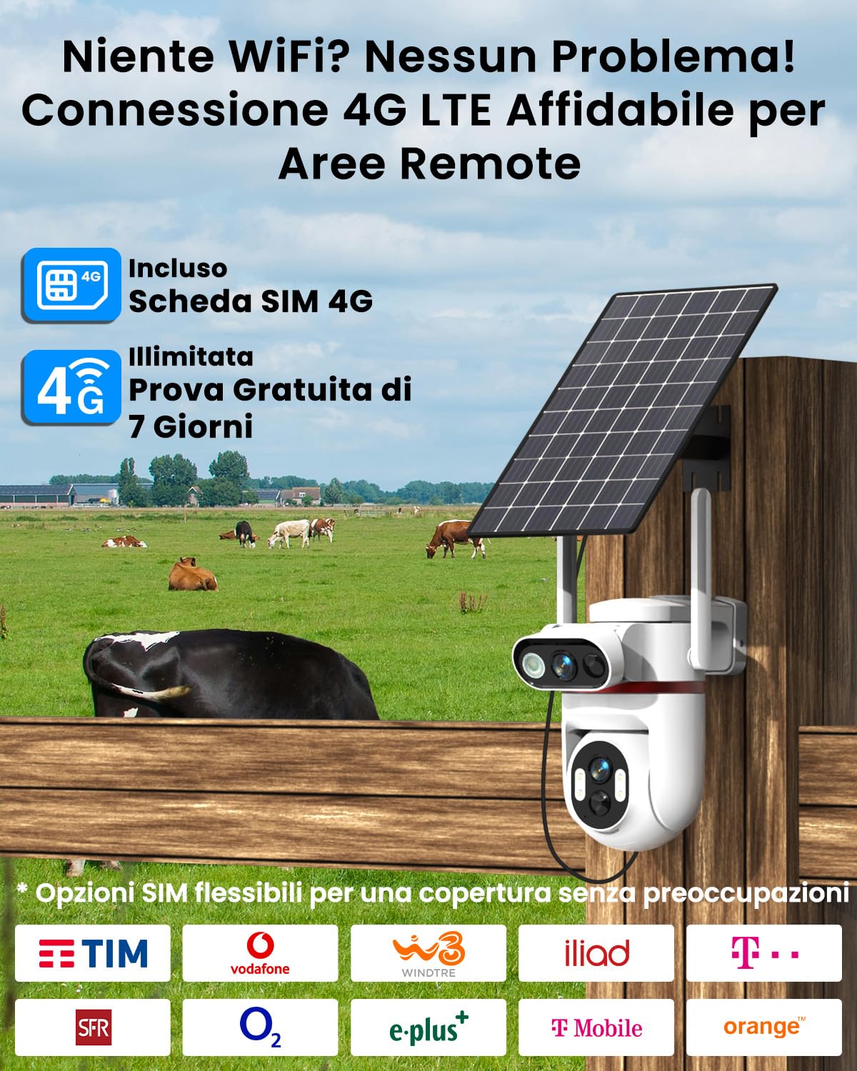 UCOCARE Telecamera Solare 4G da Esterno con SIM, Registrazione AOV 24/7 | Doppia 4MP Telecamera con SIM, Pannello Solare 8W, Batteria 15800mAh, Tracciamento AI 360°, Visione Notturna a Colori, IP66