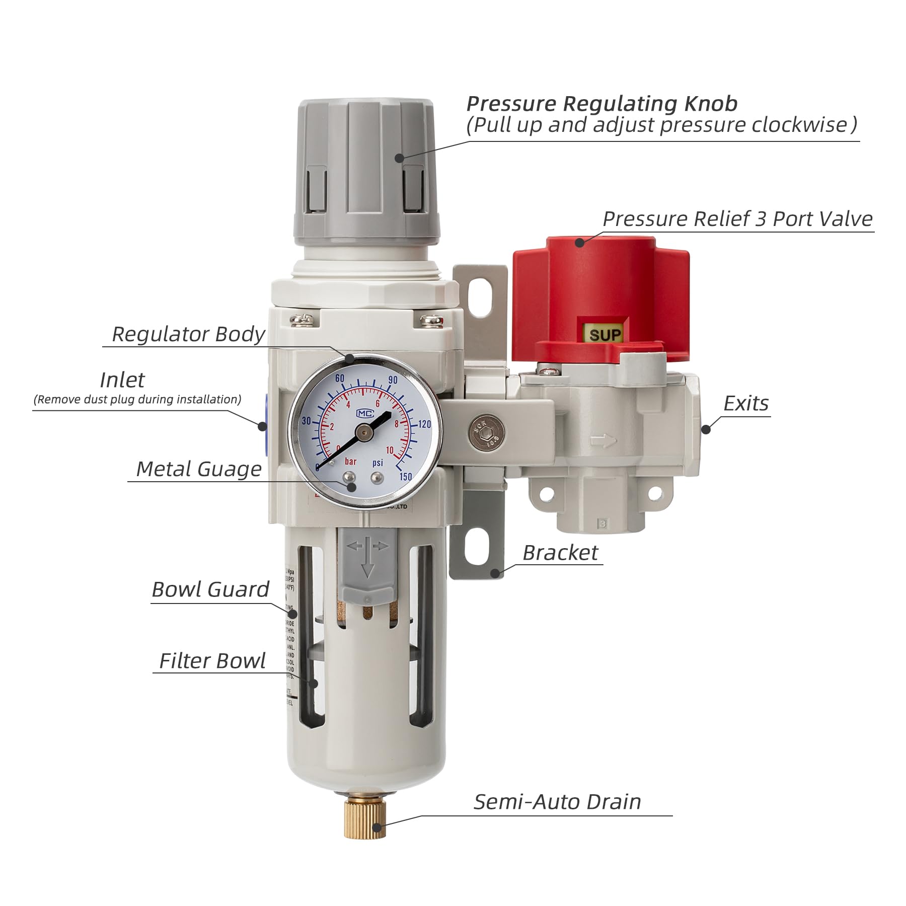 Industrial Air Compressor Filter Regulator Combo 3/8" NPT 0-150 PSI Gauge,Semi-Auto Drain,Pressure relief 3 port valve,5 Micron Water Separator for Pneumatic Tools — Amazon image 2