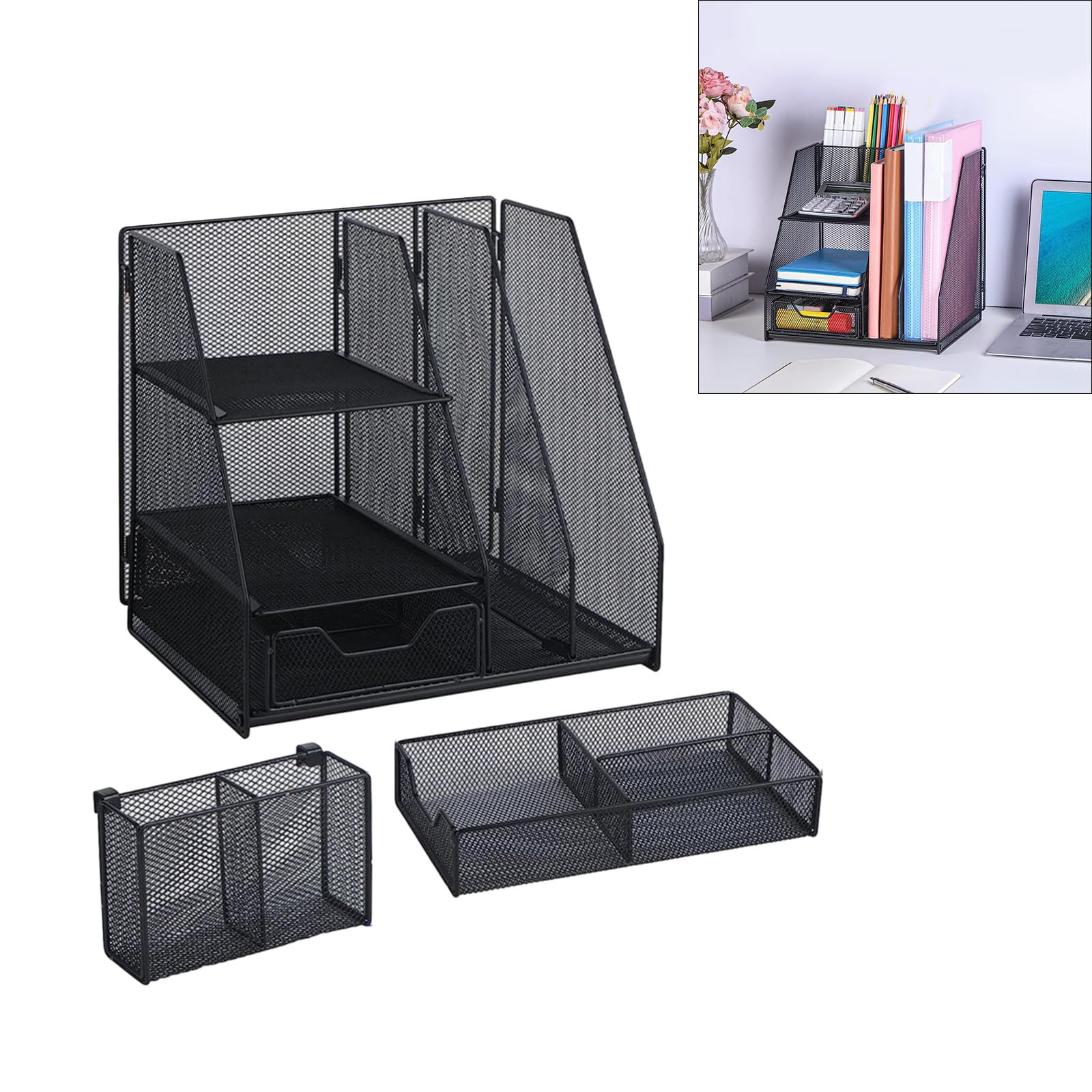 Vassoio portalettere da scrivania in metallo con portapenne e cassetto salvaspazio per organizer per documenti, supporto per diario notebook, proprietario documenti in metallo