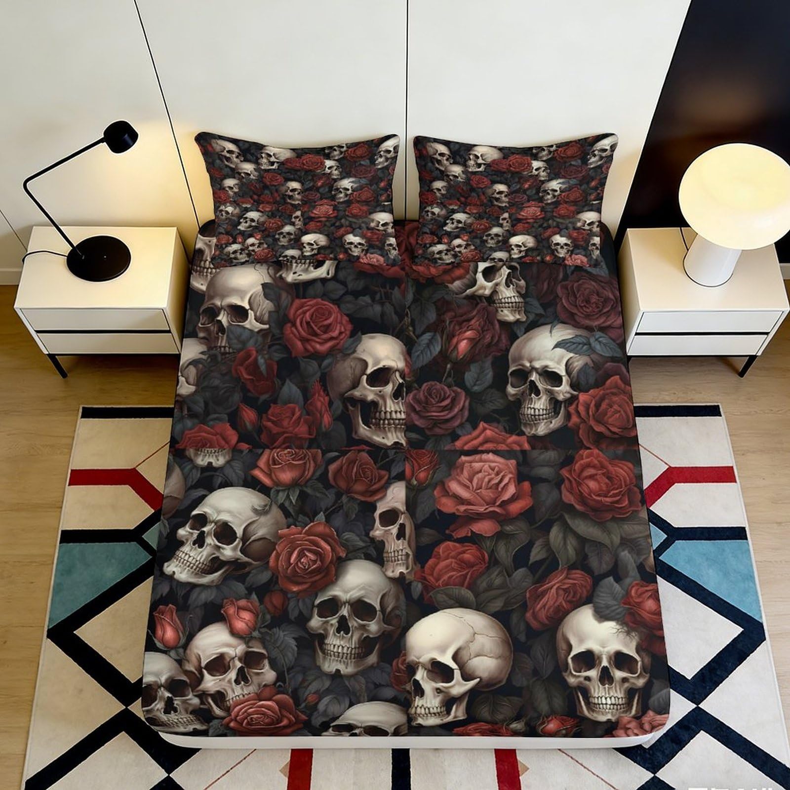 3D Printed Skull Rose Fitted Sheet Microfiber Soft Touch Gothic Bed Cover for Bedroom Guest Room Decoration 90x200x25cm