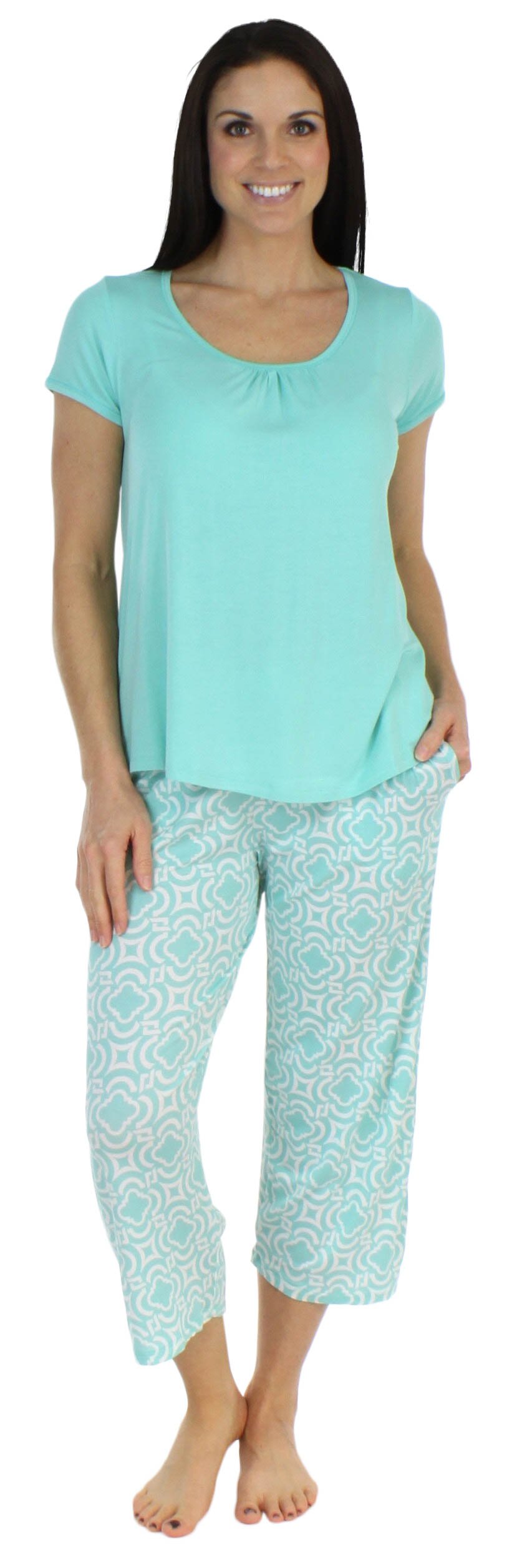 Women's Bamboo Jersey Short Sleeve Top and Capri Pajama Set, Teal Mosiac - Teal Top, Large