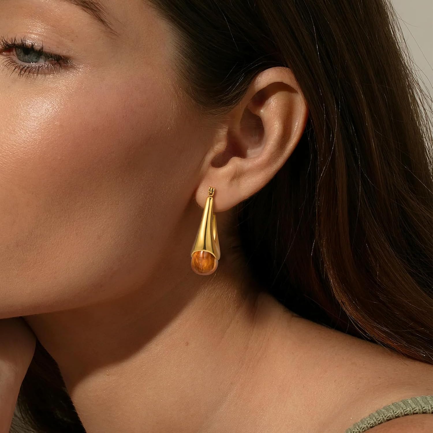 Gold Earrings for Women Trendy, 18K Gold Plated Vintage Brown Resin Chunky Dangle Drop Big Earrings, Boho Statement Women's Jewelry Gifts for Her - Image 3