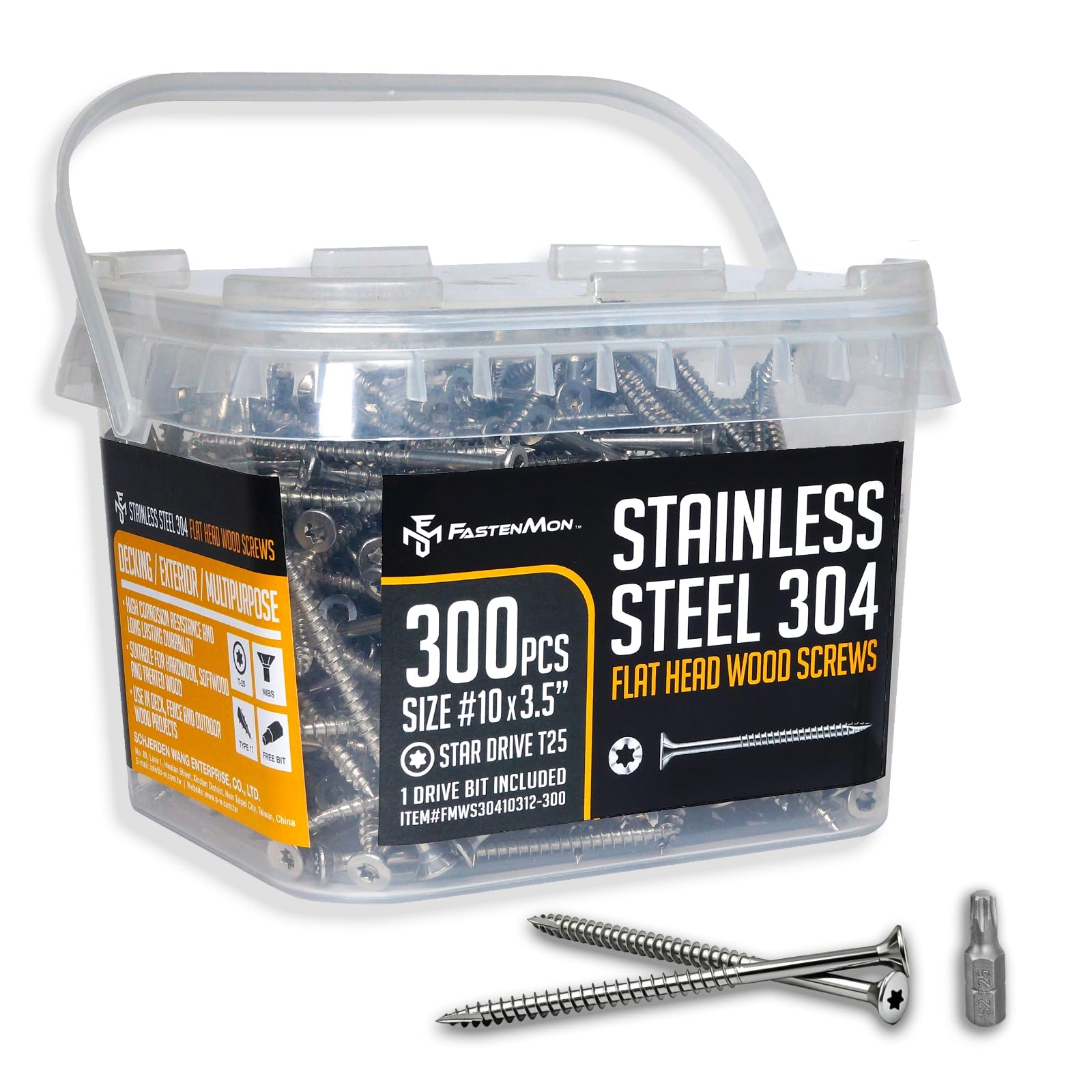 FM FastenMon #10x3-1/2 Stainless Steel Deck Screws, 304 Grade, 300 PCS, T25 Star Drive Bit, Ideal for Outdoor Wood Projects, Fences, Benches, Picnic