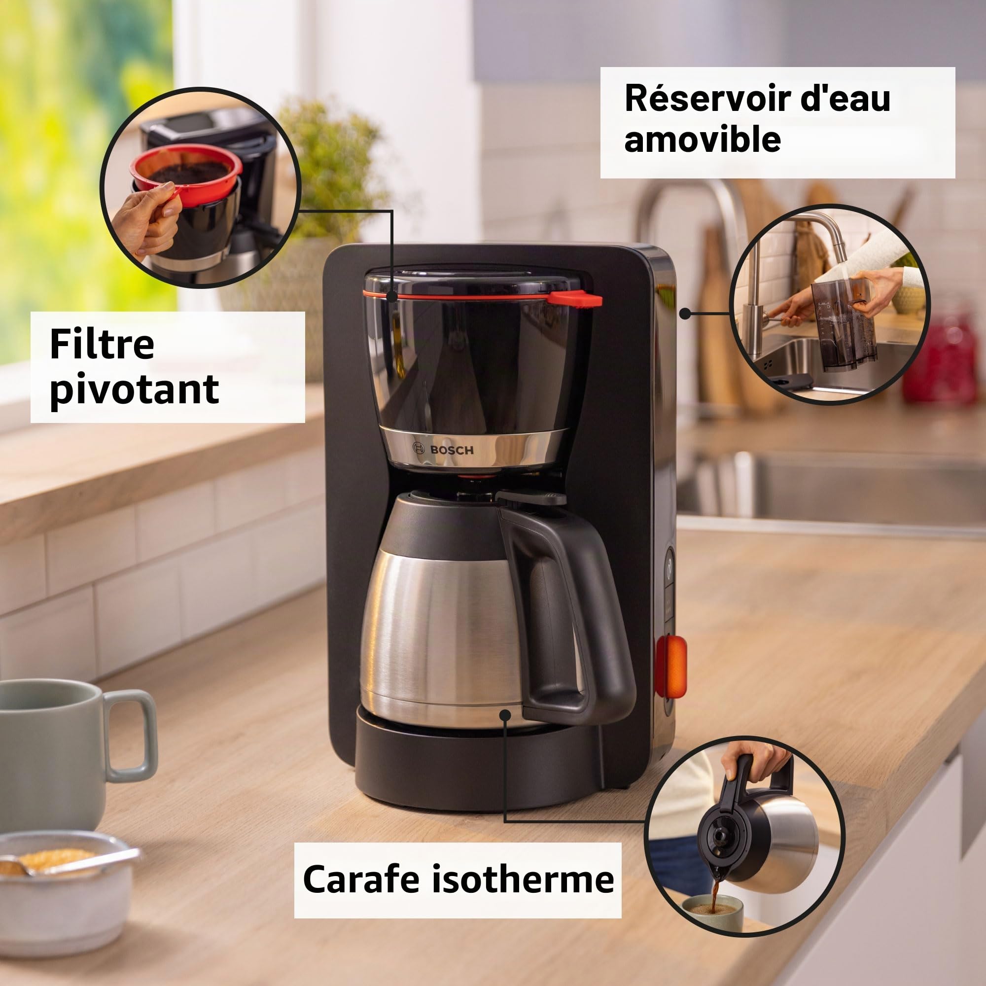 Bosch, machine à café filtre,MyMoment,réservoir d'eau amovible,verseuse isotherme en acier inoxydable à double paroi,arrêt automatique,AromaPlus, fonction Anti-Goutte, détartrage facile,noir,TKA6M273
