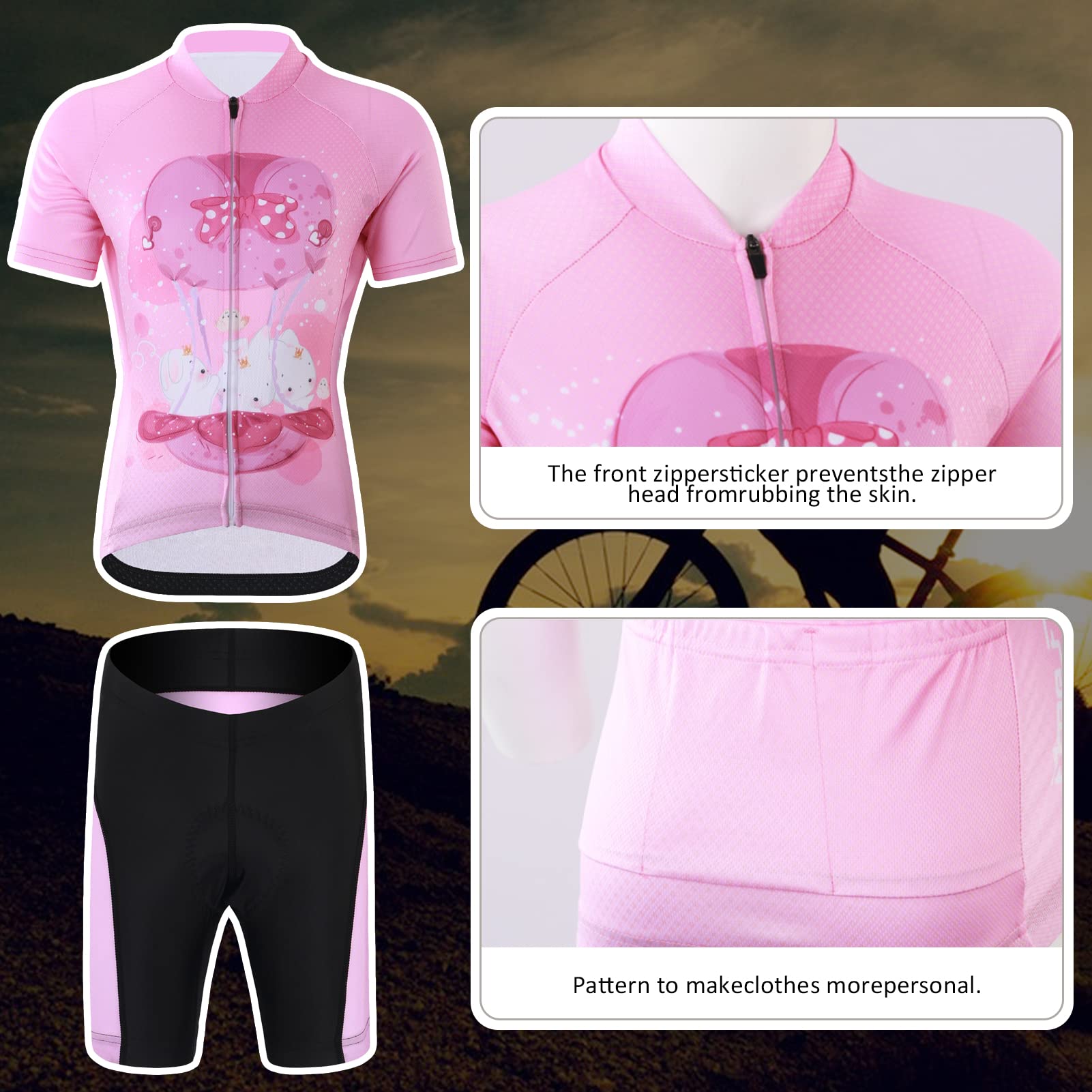 Kinder Radtrikot Set Jungen Radsport Bekleidung Mädchen Fahrrad Trikot Kurzarm & Kurz Radhose mit Sitzpolster
