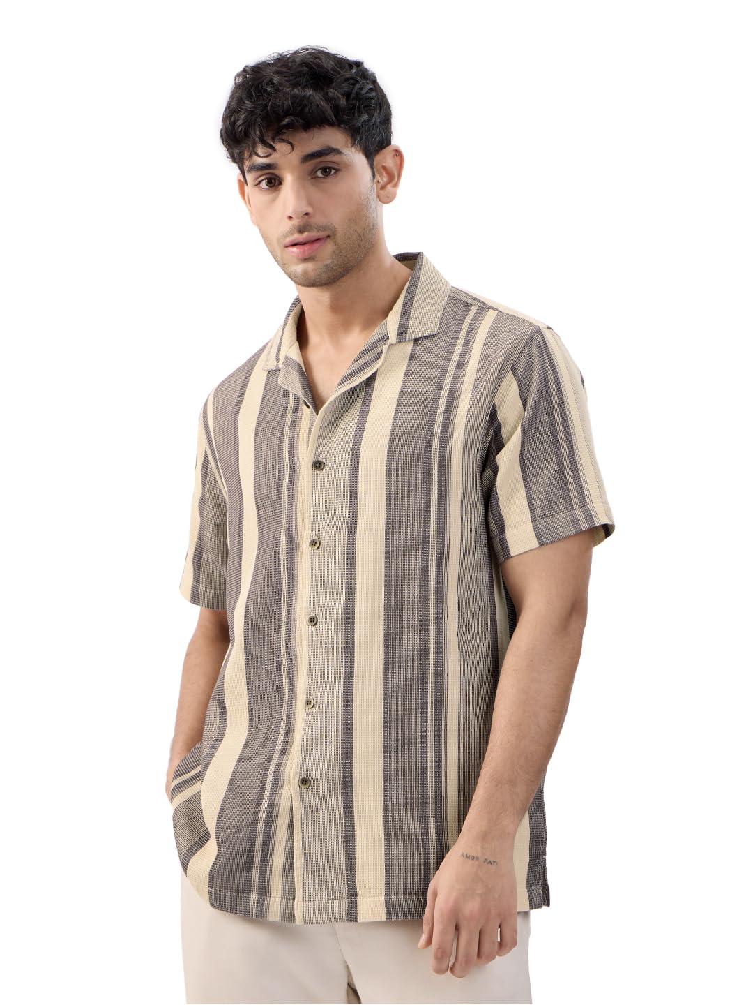 the souled store Macaroon Men's and Boys Short Sleeves Collared Neck Button Front Multicolor Striped Cotton Textured Regular Fit Shirts-picture-26