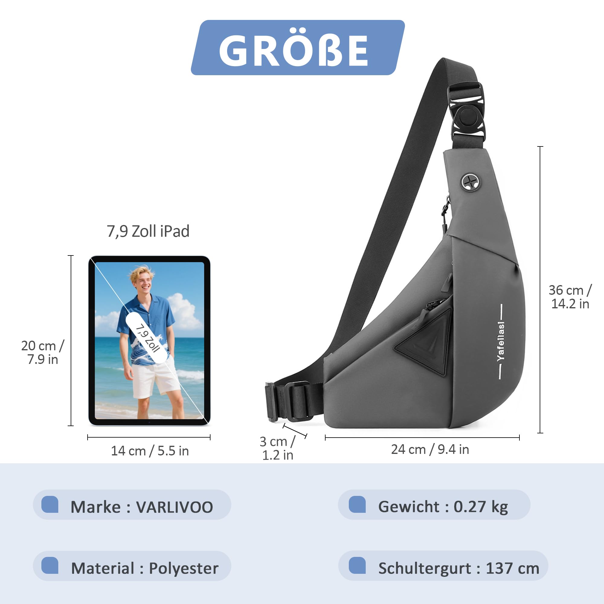 VARLIVOO Brusttasche Herren, wasserdichte Anti Diebstahl Umhängetasche, Kleine Leichte Schultertasche für Herren zum Reisen, Wandern und Alltag Grau A