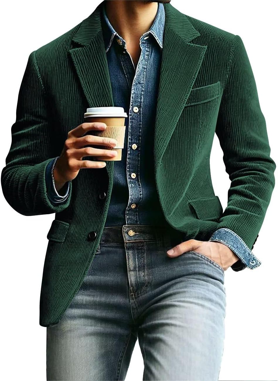 Mens Corduroy Blazer Vintage Suit Jacket Casual Formal 2 Button Notch Lapel Sport Coat Long Sleeve Wedding Coats