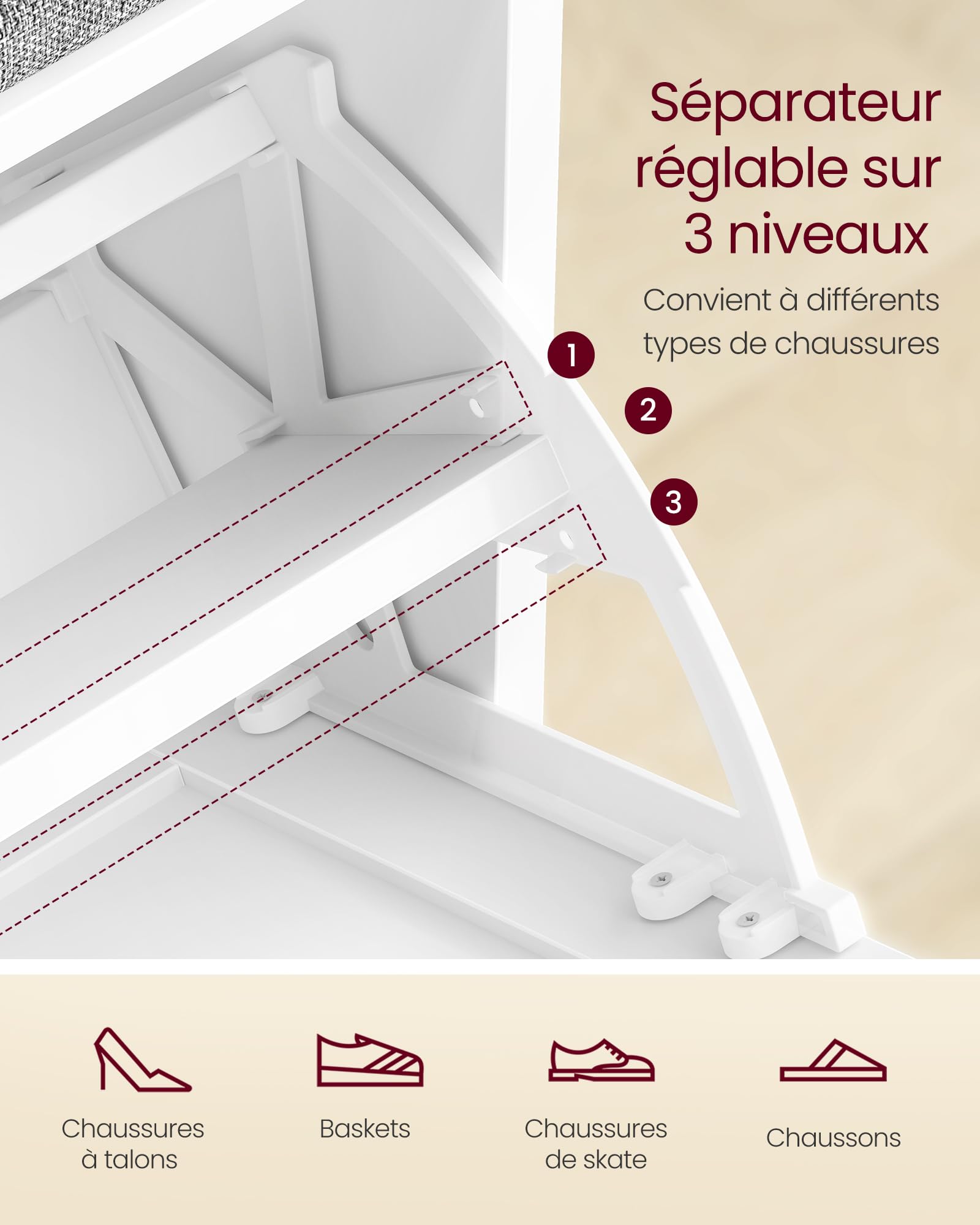 VASAGLE Banc à Chaussures Rembourré, Meuble d’Entrée sur 3 Niveaux pour 6 Paires de Chaussures, Tiroir Rabattable, 30 x 60 x 53,5 cm, pour Entrée, Chambre, Blanc Nuage et Gris Tourterelle LSB121WB01