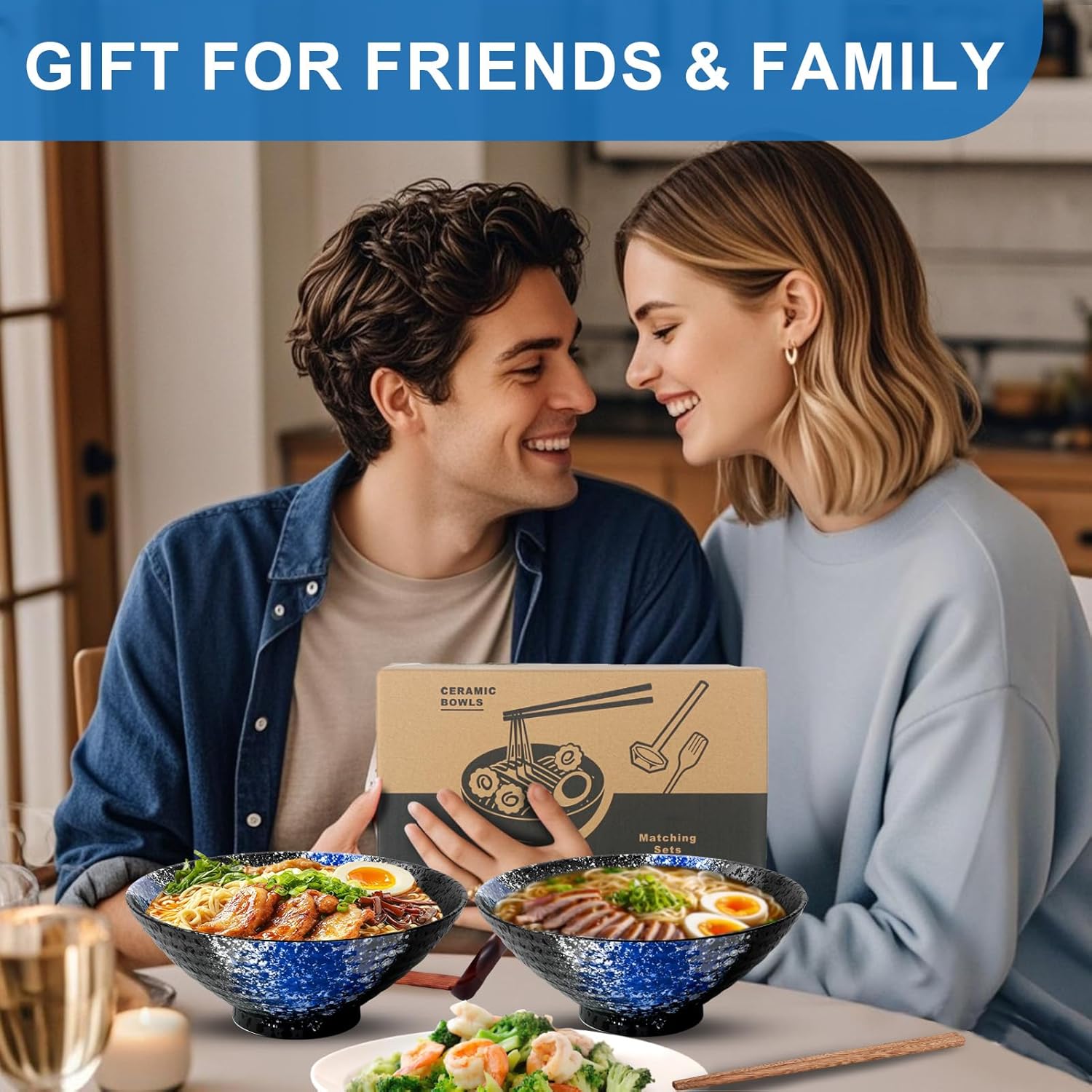 8-Inch Ceramic Ramen Bowl Set of 2 (9 Piece) - Porcelain Japanese Salad Noodles Cereal Fruit Pasta Soup Large Bowls with Recipes Chopsticks Forks Spoons for Men Women Gift Microwave & Dishwasher Safe - Image 6