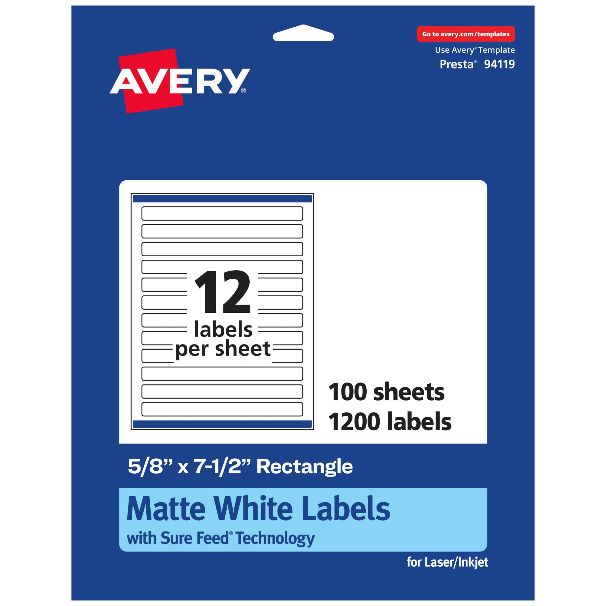 Avery Matte White Rectangle Labels, Sure Feed Technology, 5/8" x 7.5", 1,200 White Labels, Print-to-The-Edge, Permanent Adhesive, Laser/Inkjet