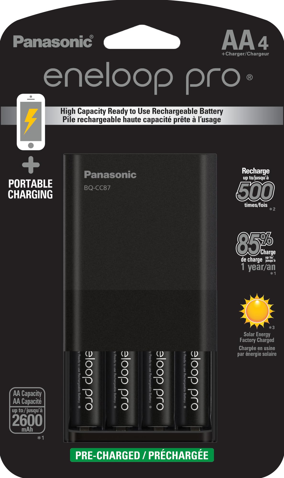 Panasonic K-KJ87KHA4BA Individual Battery Charger with Portable Charging Technology and 4AA pro Rechargeable Batteries, Black