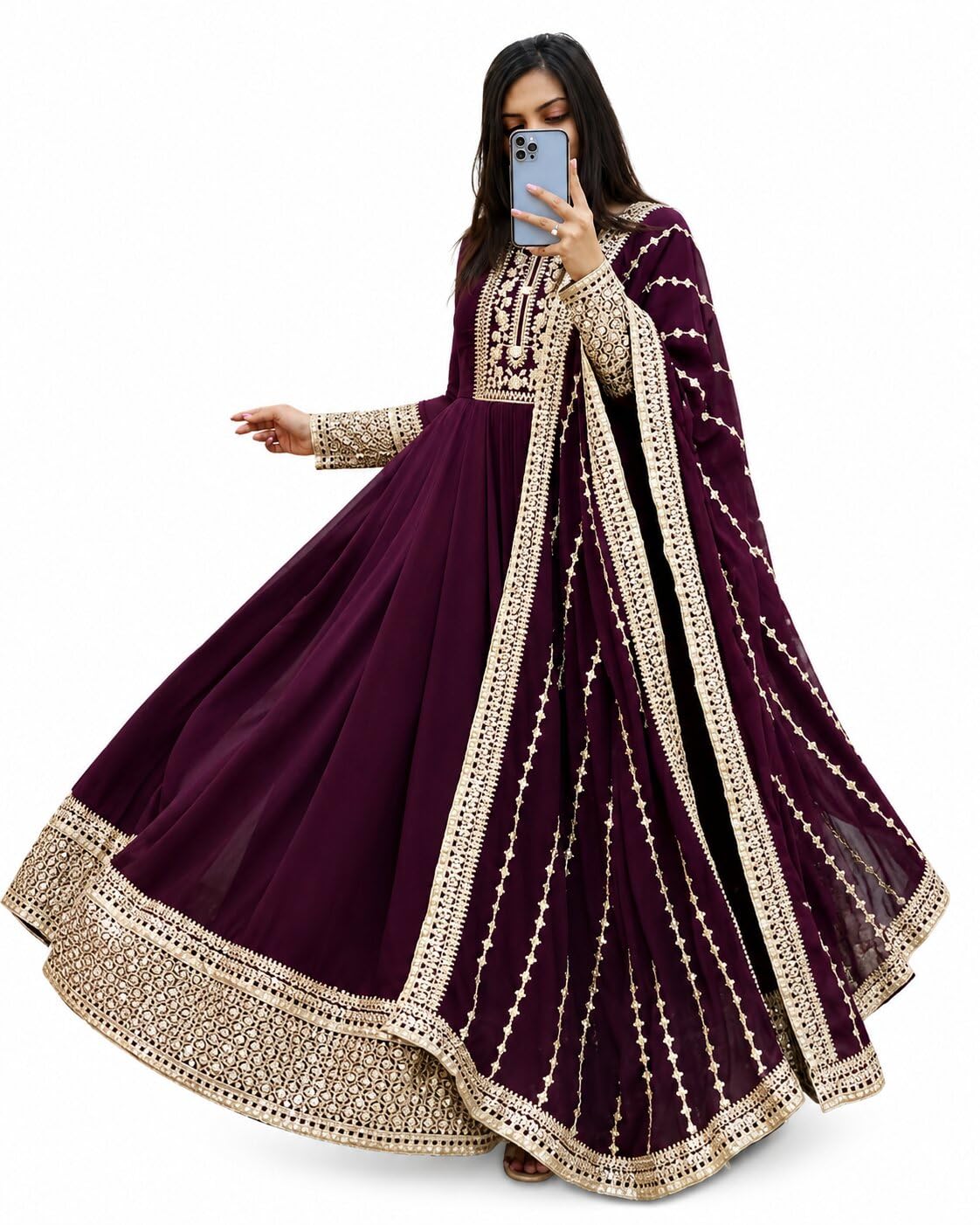 Women's Embroidered Anarkali Gown with Dupatta | Flared Floor Length Ethnic Dress for Women with Full Sleeves | Traditional Women Gown Dupatta Set with Detailed Border Work-image-34